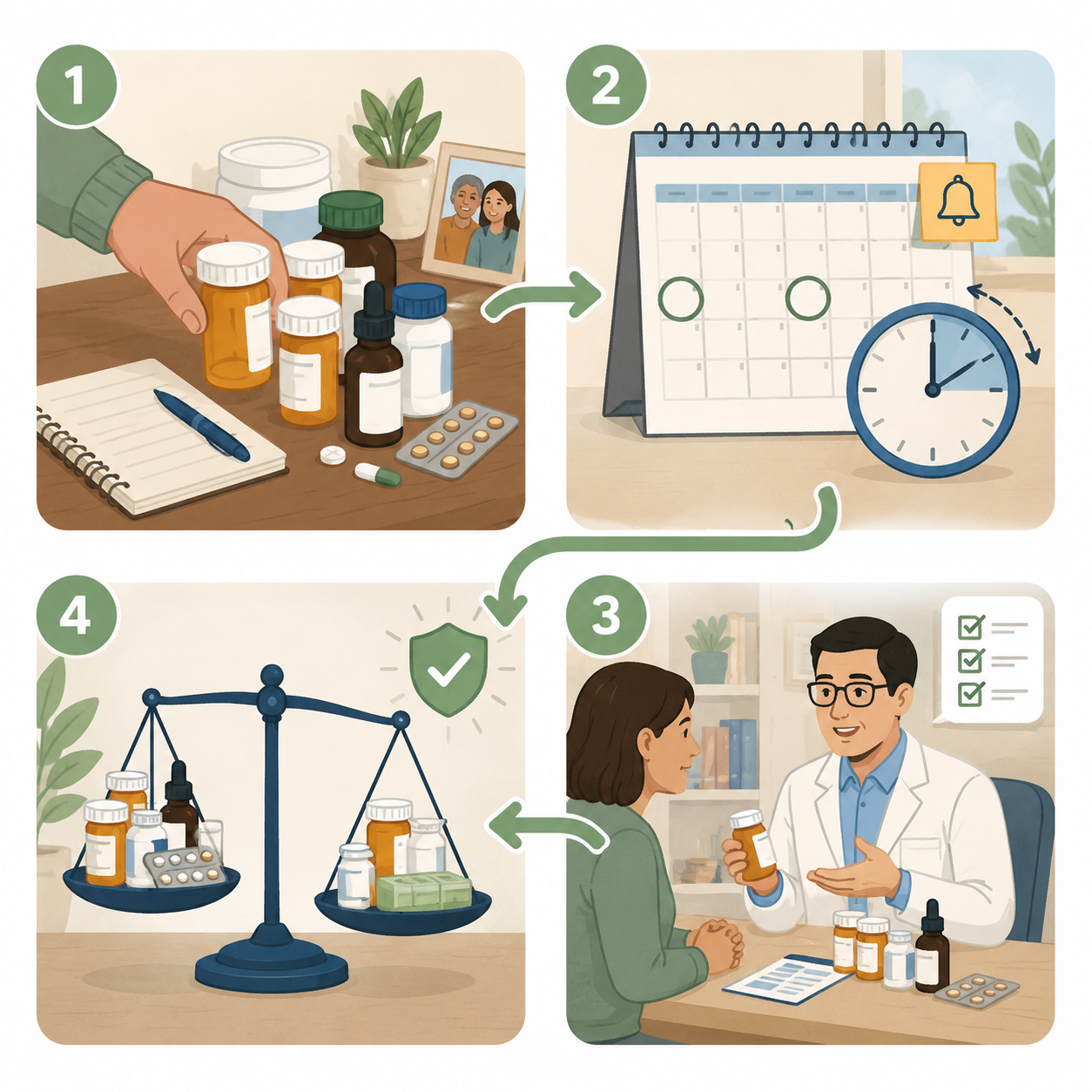 Workflow for gathering medications, noting timing changes, consulting a clinician, and adjusting a safer plan