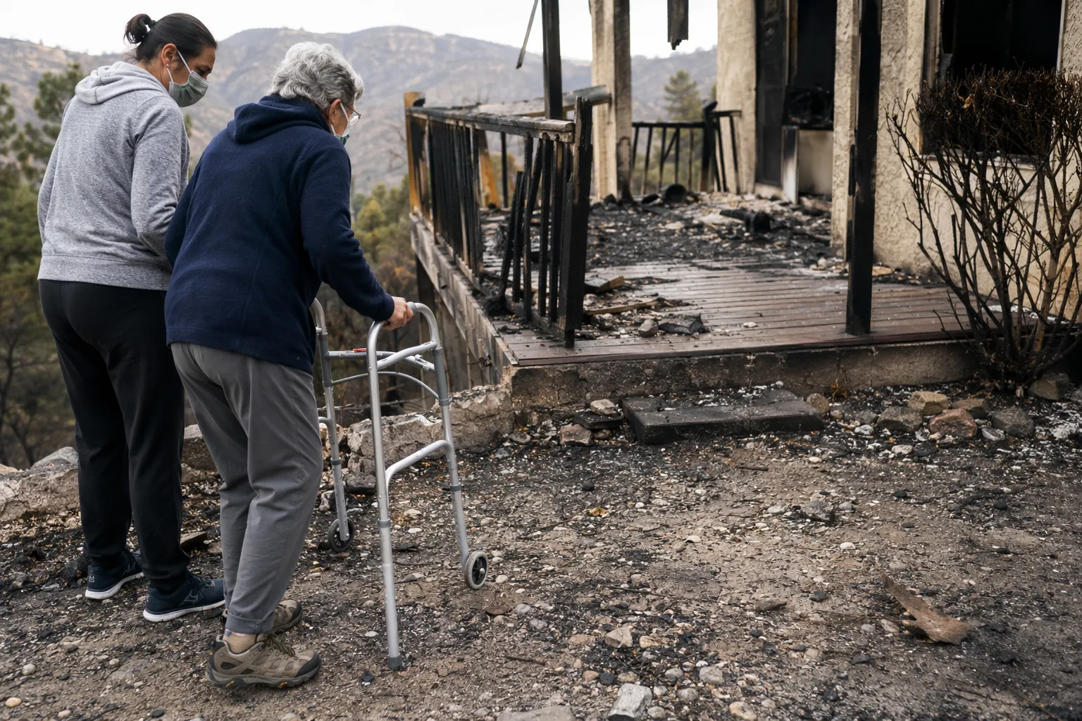 Older adult with a walker and family caregiver standing cautiously near ash, debris, and a damaged porch after a wildfire