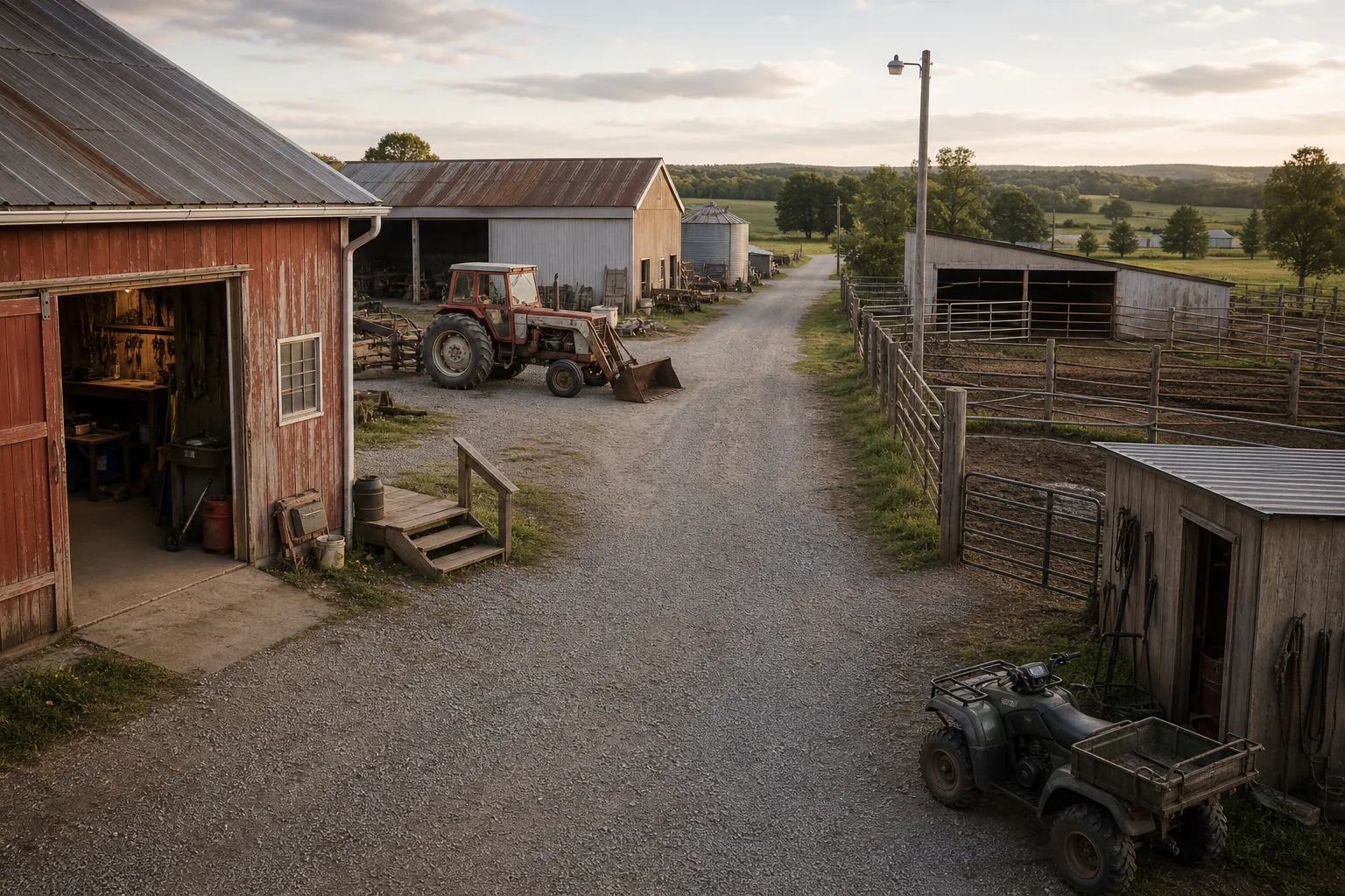 Elevated view of a farmyard with barn workshop, tractor yard, livestock pen, light pole, gravel path, and utility ATV