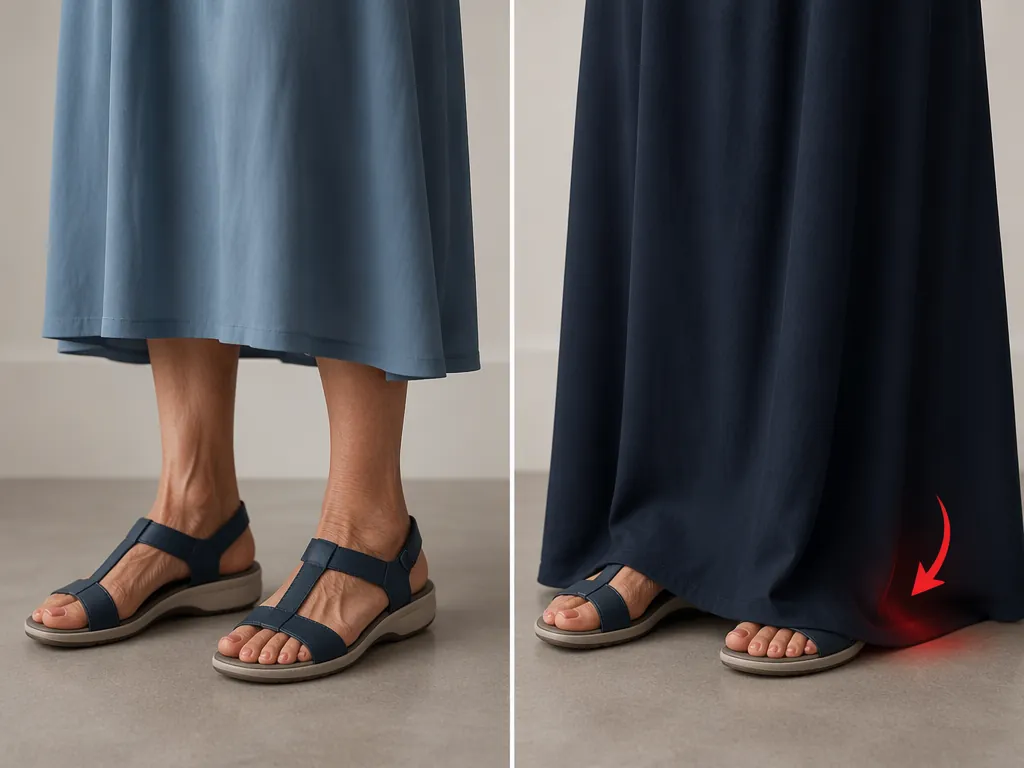 Safe midi skirt hem clearing the ankle beside a risky floor-brushing maxi hem near the foot