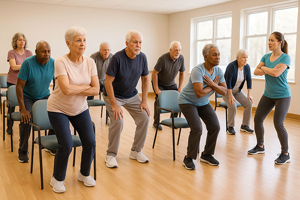 Older adults practicing seated and standing balance exercises in a fall prevention class