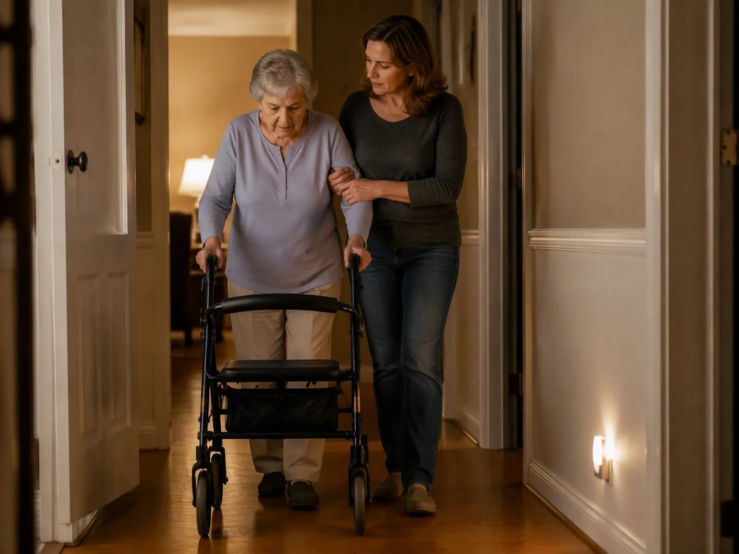 Middle-aged daughter guiding her older mother down a clear well-lit hallway with a rollator at night