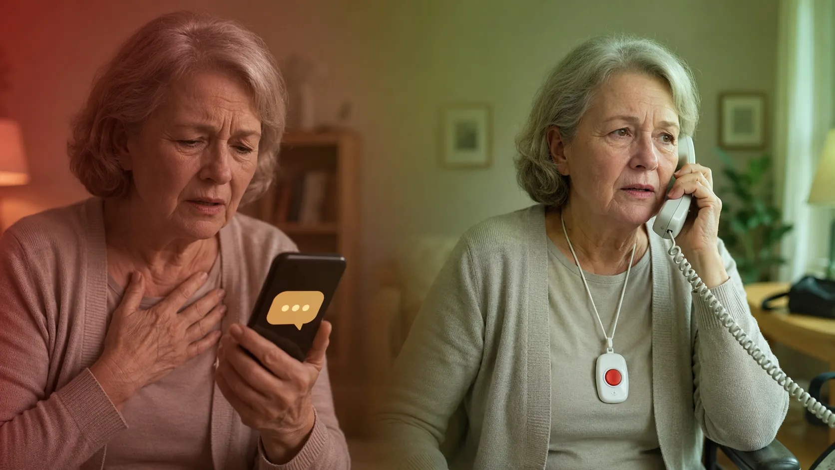Older adult choosing between a chatbot and emergency help