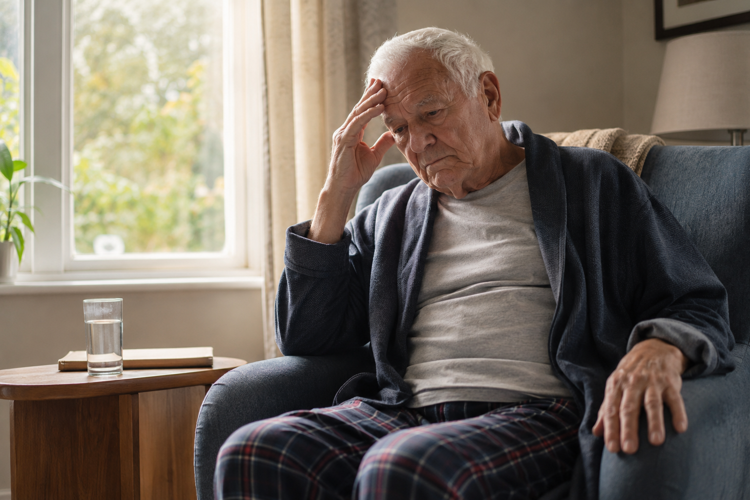 Older adult sitting fatigued in a living room with a half-touched glass of water nearby