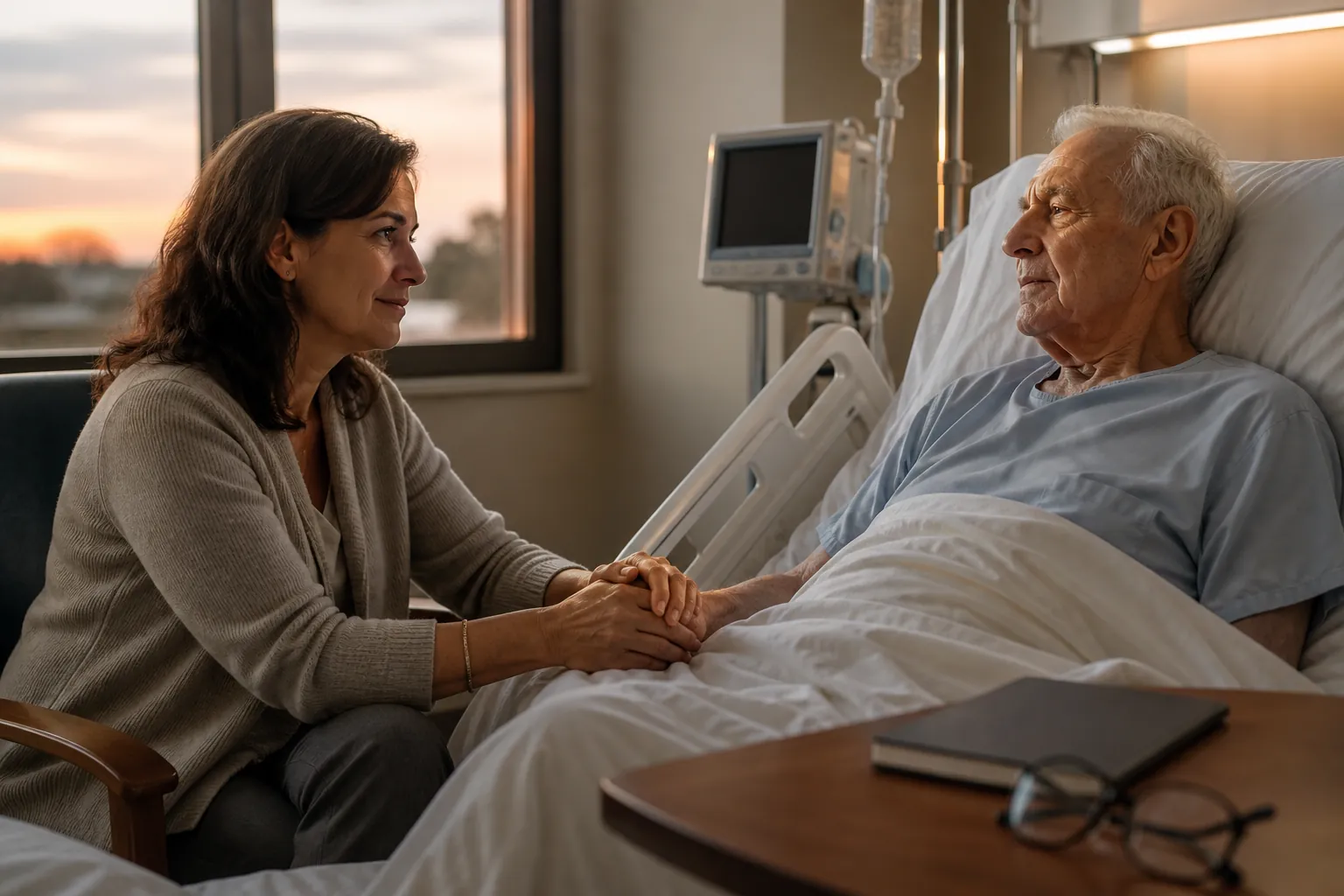 Adult daughter sitting beside her elderly father's hospital bed with a notebook and glasses nearby