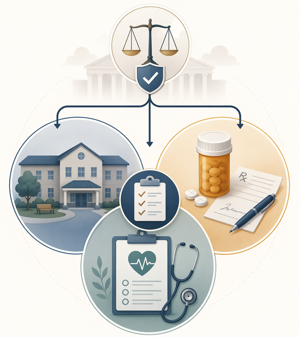 Illustration of facility policy, medication review, and health conditions as connected decision points