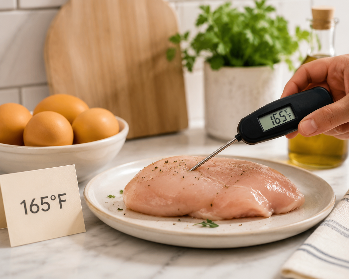 Raw chicken breast with a digital meat thermometer on a clean kitchen counter with eggs nearby