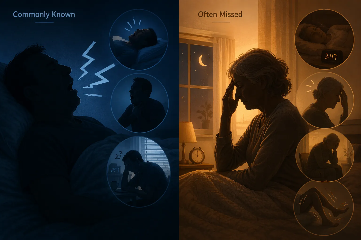 Illustration comparing classic male sleep apnea signs with subtler symptoms often seen in older women