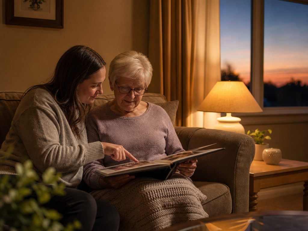 A cozy living room at dusk with warm amber lamplight: an adult daughter and her elderly mother sit together on a sofa, the mother looking at a photo album on her lap while the daughter gently points to a picture; the window shows twilight sky; the scene conveys a calm, low-stimulation evening bonding routine with no TV or screens present.