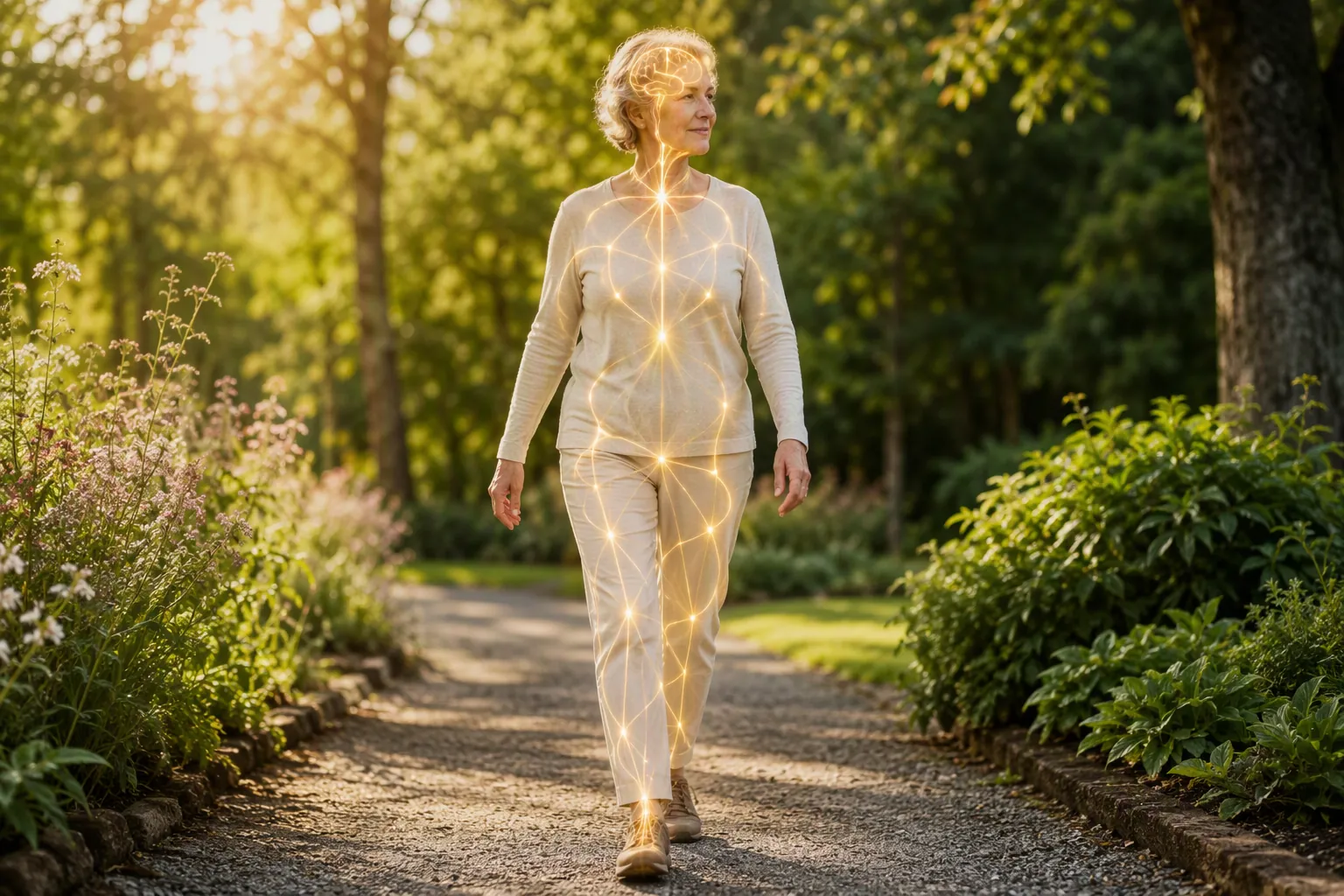 Older woman walking confidently on a garden path with subtle neural light patterns connecting brain and body