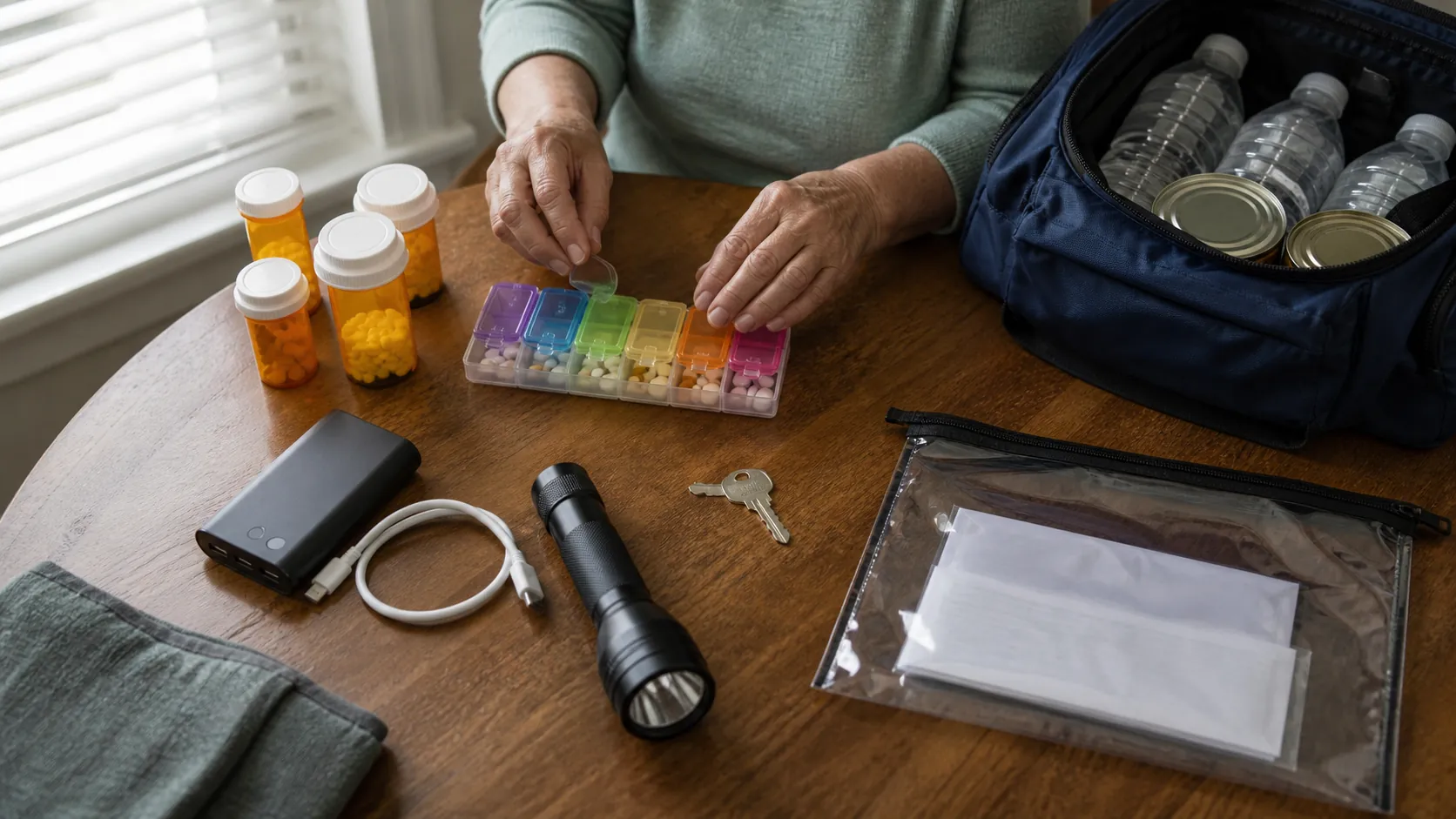 Older adult organizing medications, a power bank, flashlight, waterproof document pouch, spare key, bottled water, canned food, and a go-bag on a kitchen table