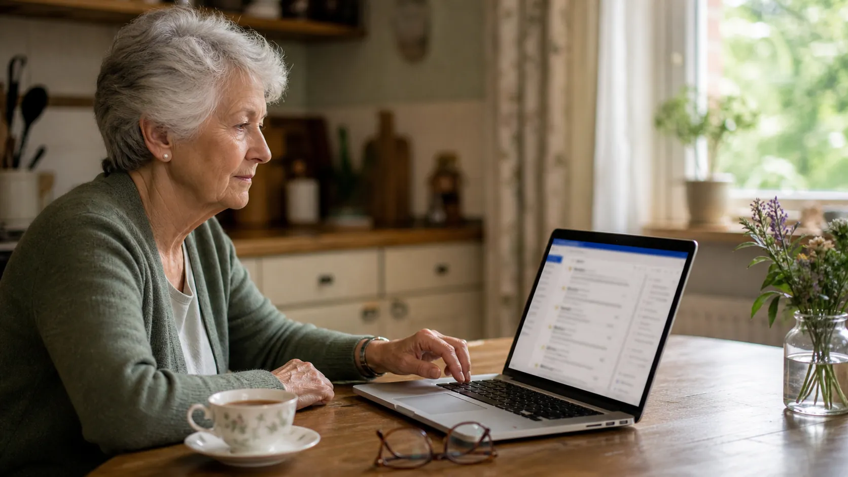 Older woman pausing at a kitchen table before clicking an email on a laptop