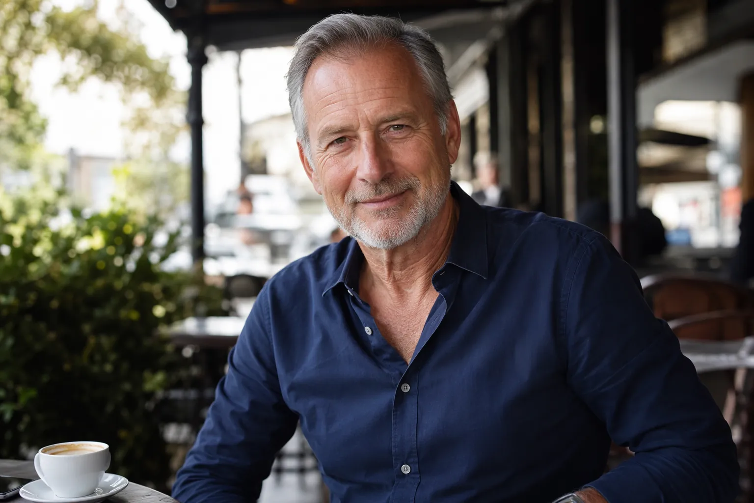 A distinguished man in his late 60s with natural-looking grey hair and an age-appropriate hairline seated at a cafe table