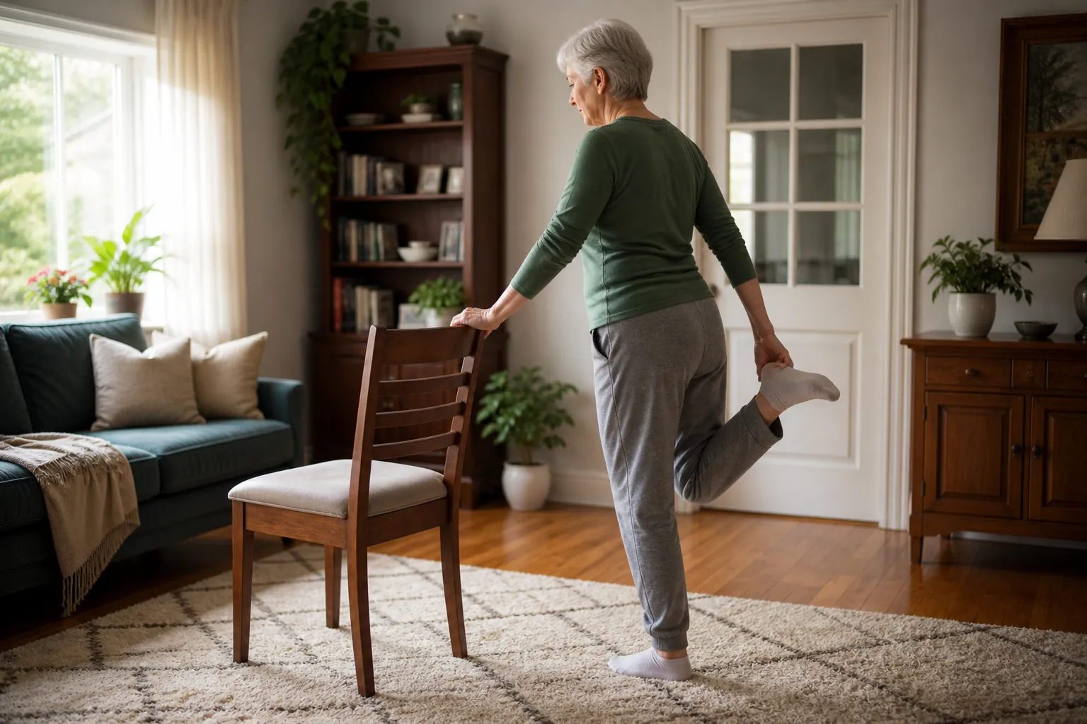 Older adult practicing a balance exercise at home while holding a chair