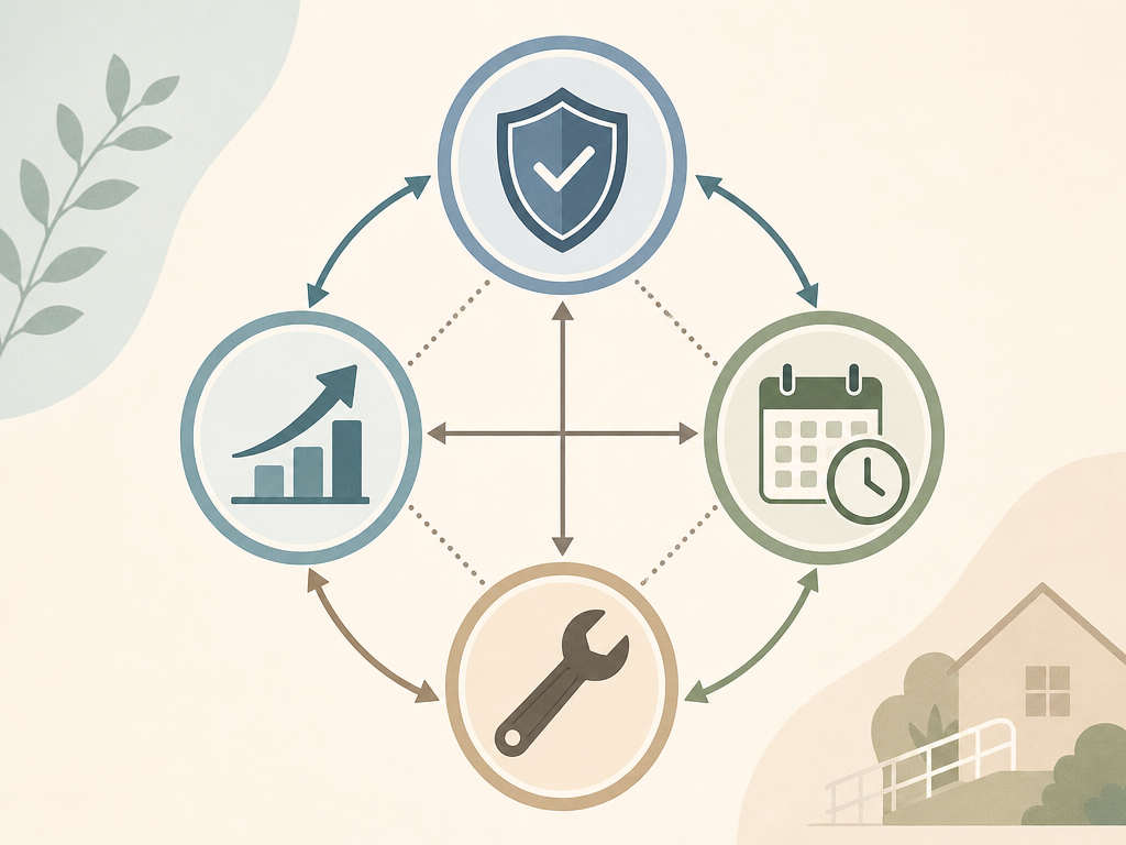 Editorial illustration of the four-factor prioritization framework shown as four connected circular nodes in a diamond formation. The top node contains a shield icon (safety risk), the right node contains a clock icon (frequency of use), the bottom node contains a wrench icon (ease of installation), and the left node contains a forward arrow icon (likelihood of future need). Connecting arrows indicate the factors work as a system.