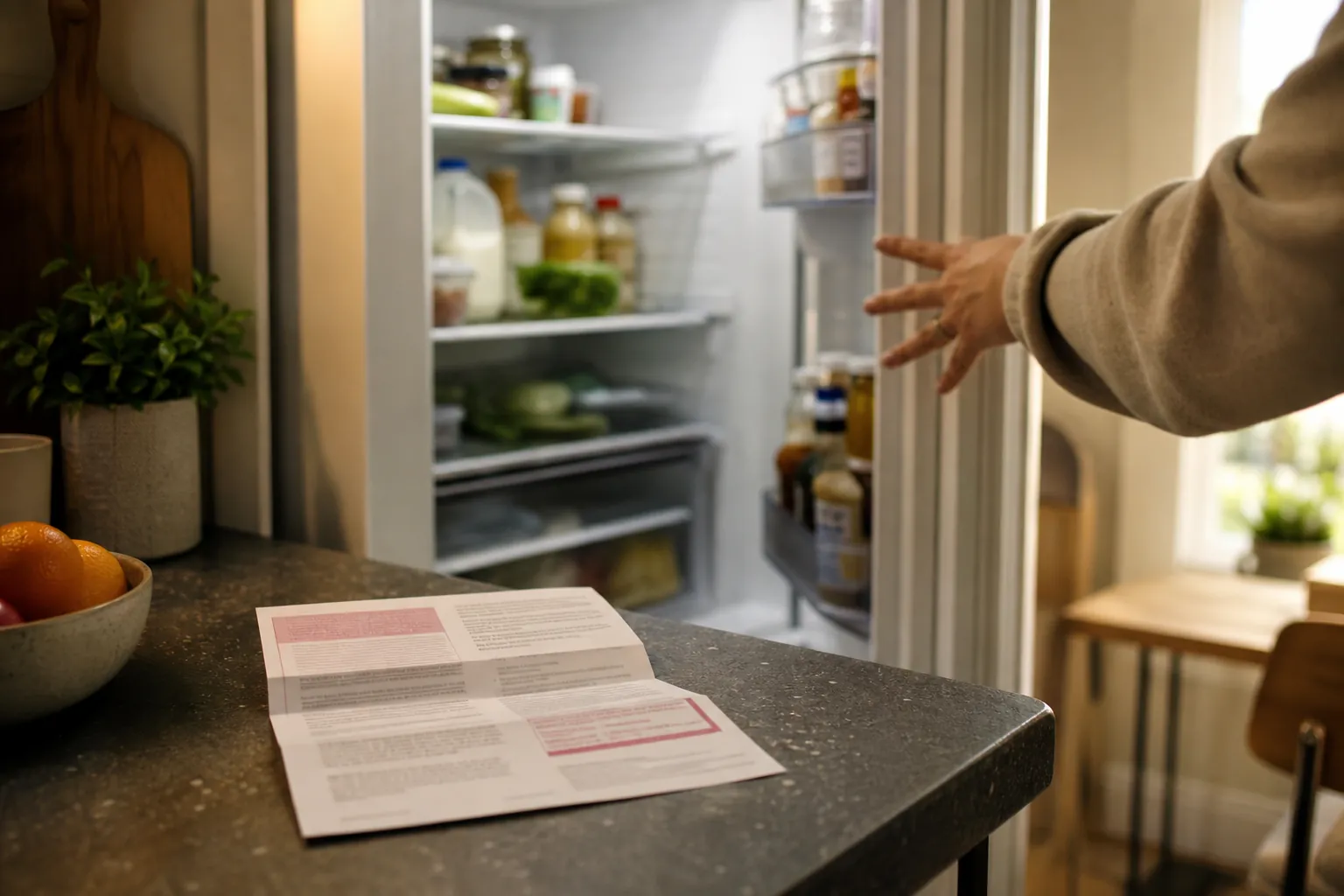 Open refrigerator with a recall notice on the kitchen counter and a caregiver reaching toward the fridge door