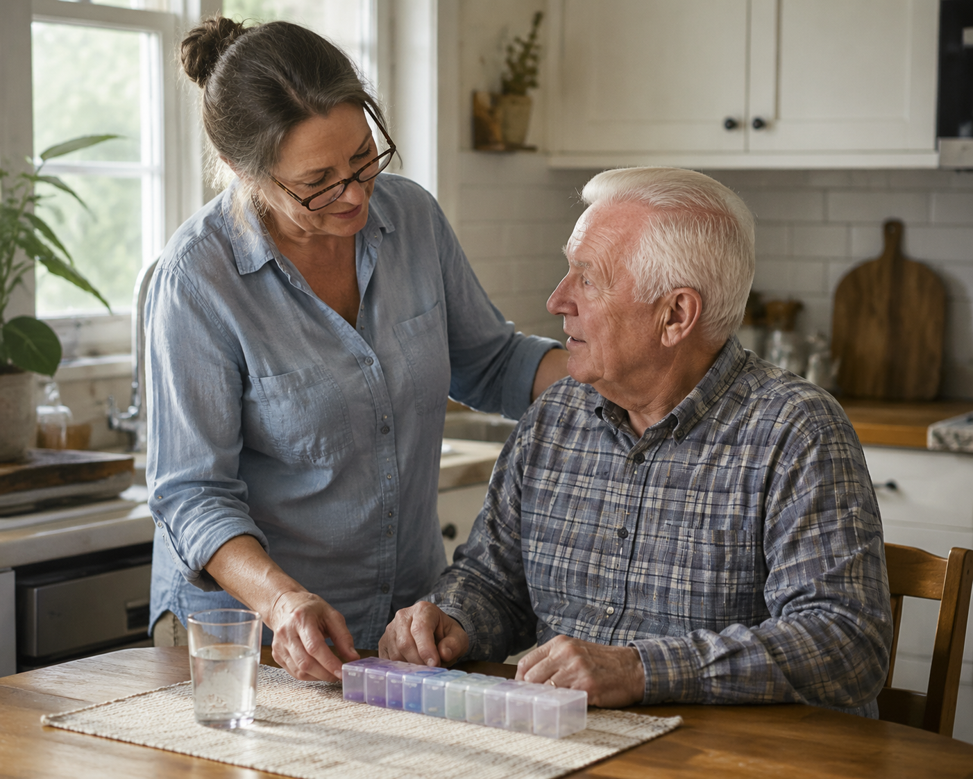 A caregiver standing beside an older man at a kitchen table with a pill organizer and glass of water