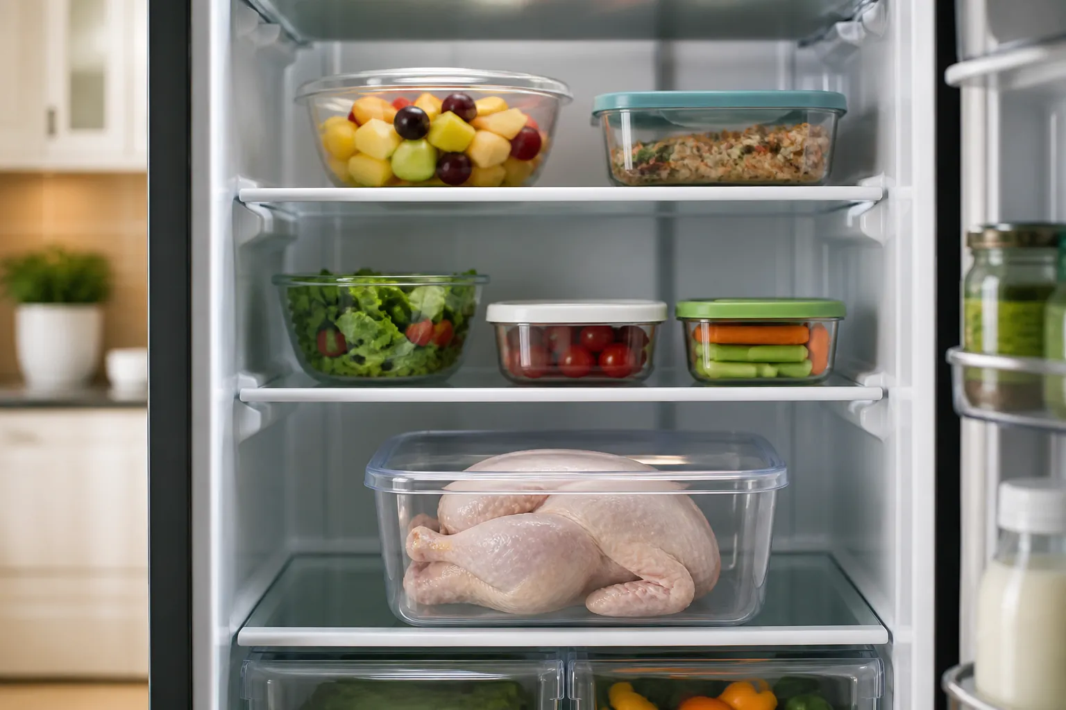 Raw chicken sealed on the bottom refrigerator shelf below ready-to-eat foods