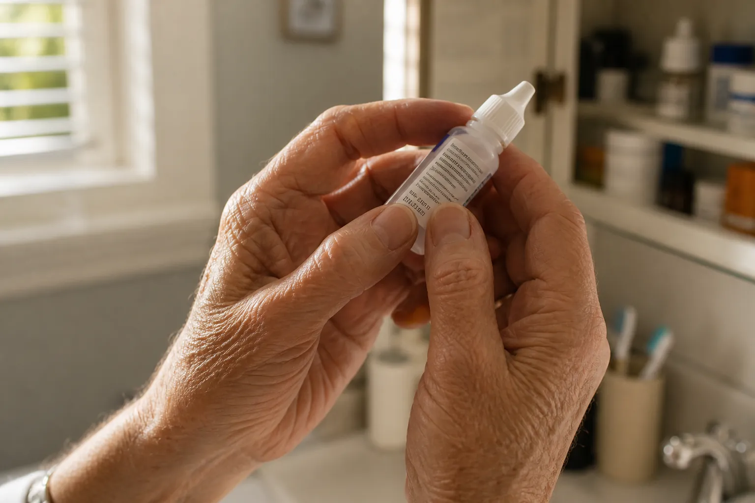 Older adult hands tilting an eye drop bottle toward window light to read the label