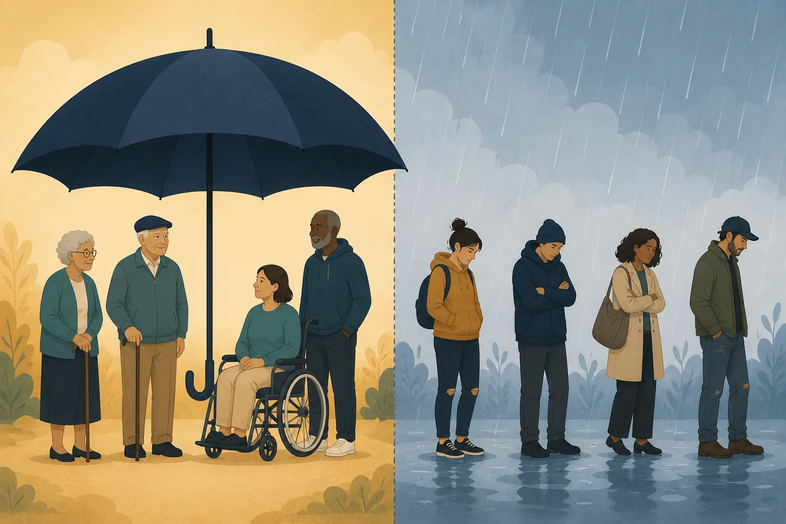 Older and disabled beneficiaries under an umbrella while others stand outside it