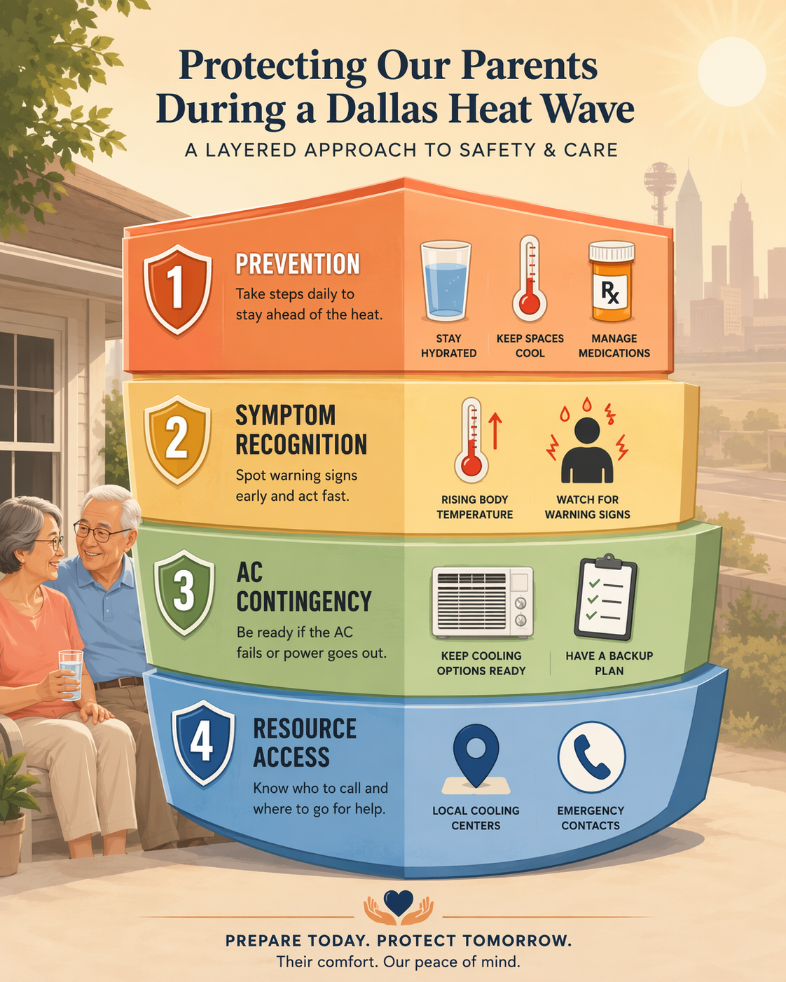 Layered heat safety framework with prevention, symptom recognition, AC contingency, and resource access for elderly parents in Dallas