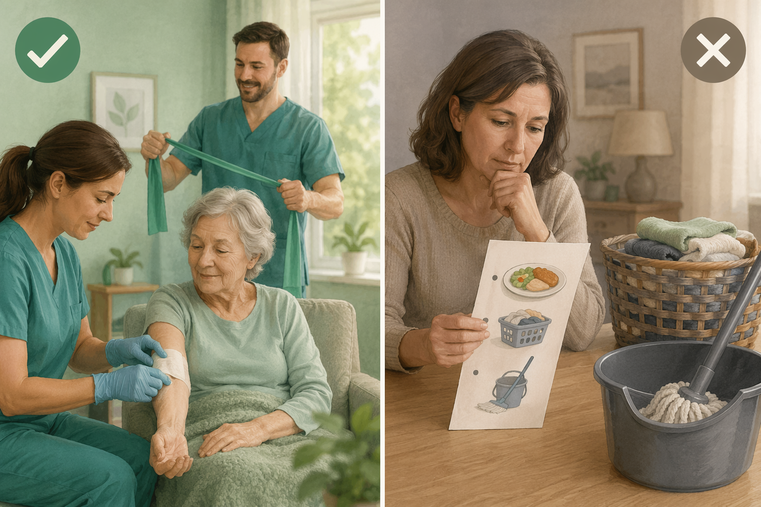 A split comparison illustration with a green-toned left side showing a nurse changing a wound dressing and a physical therapist nearby with a checkmark, and a warm gray right side showing a family member looking at a list of daily tasks (meal tray, laundry basket, mop bucket) with an X icon.