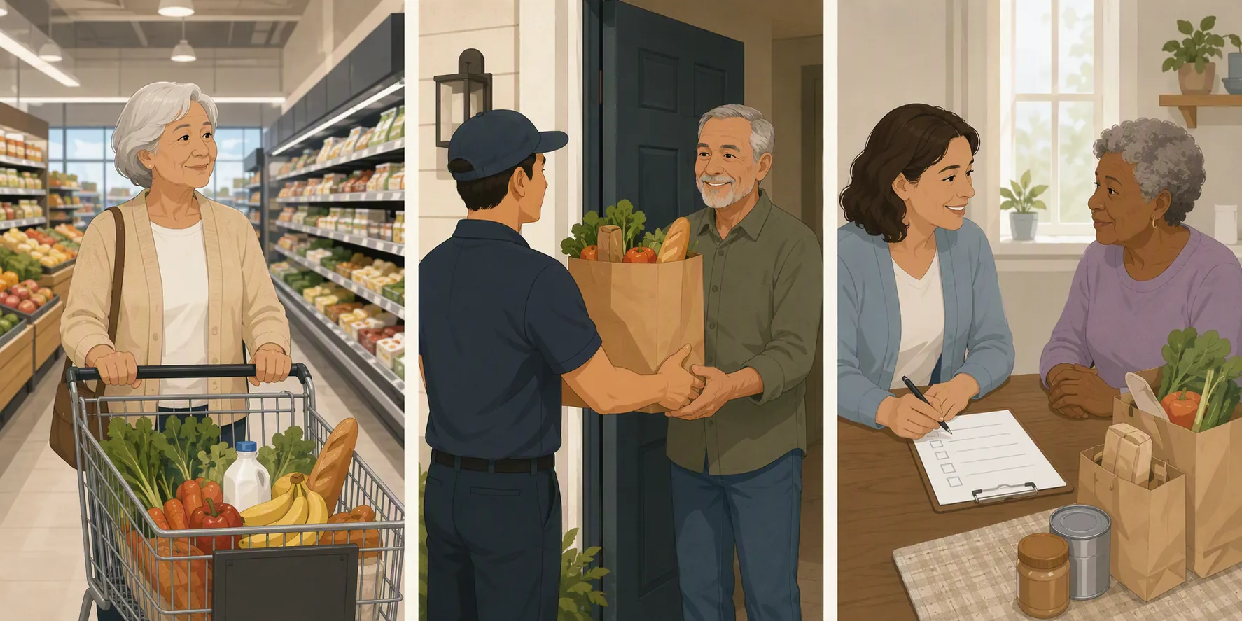 Three grocery replacement routes for seniors: in-person shopping, doorstep delivery, and food assistance at a kitchen table