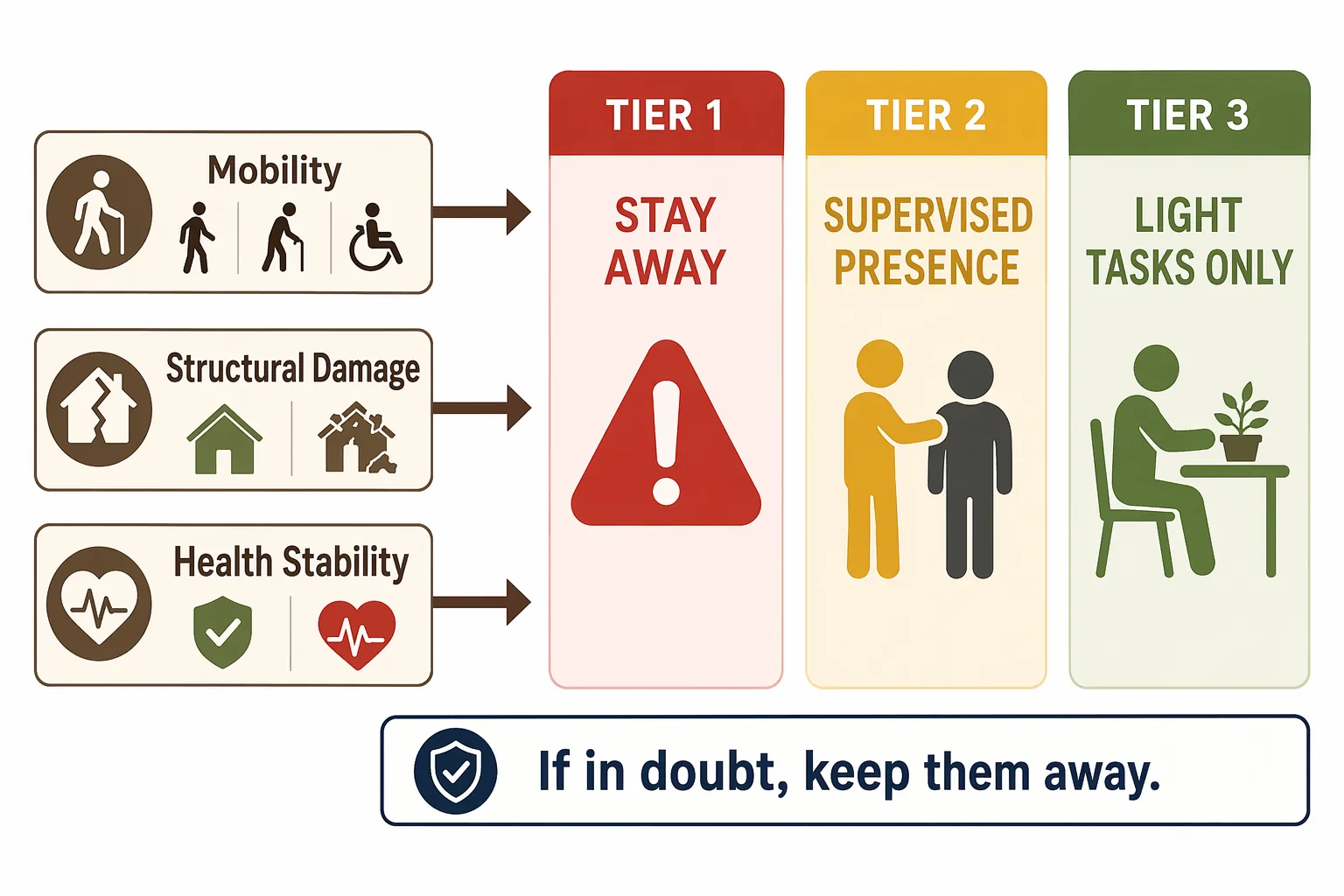 Decision framework diagram showing mobility, structural damage, and health stability leading to stay away, supervised presence, or light tasks only