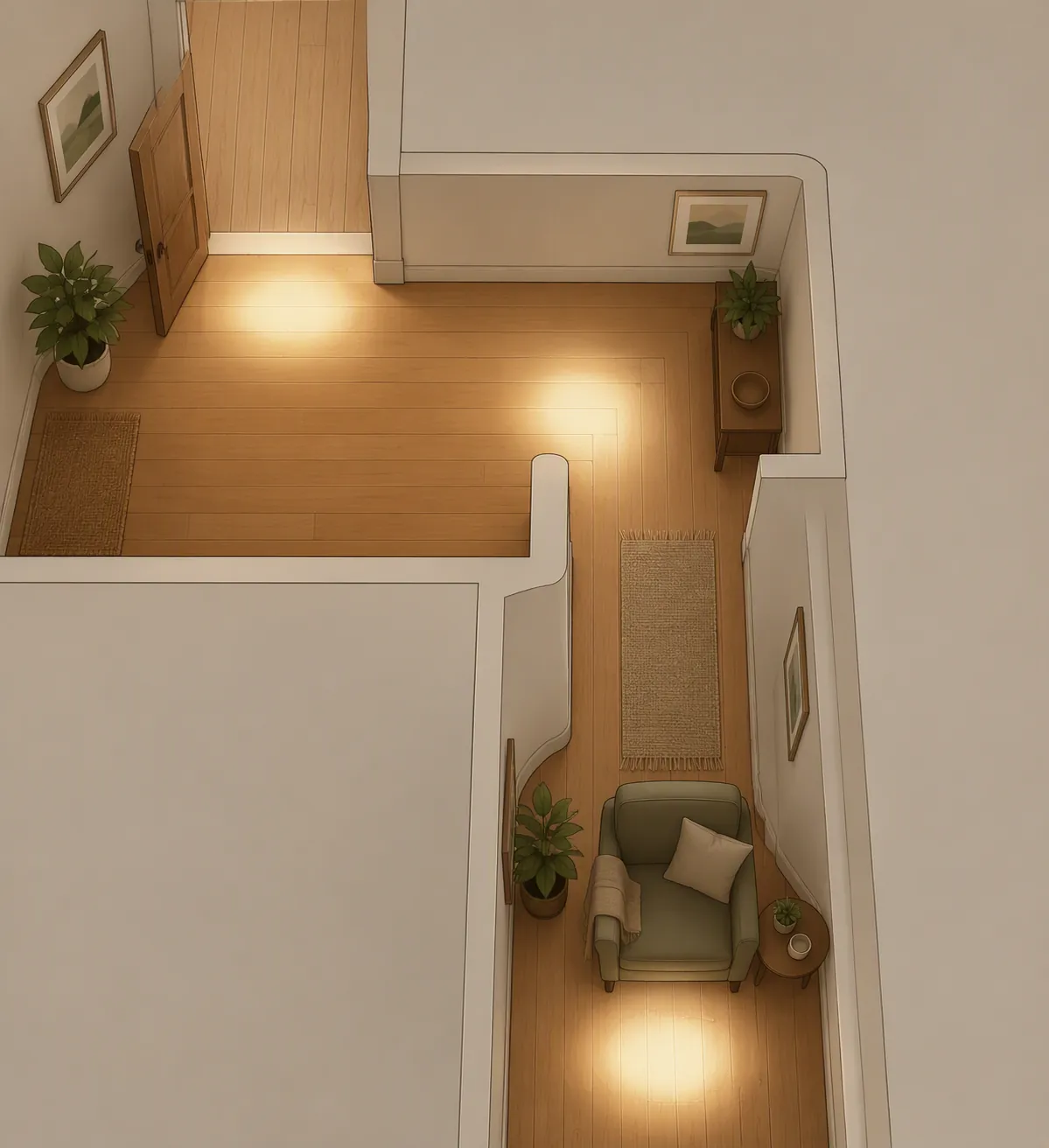 Home route through a doorway, around a corner, and toward an armchair with common pause points highlighted