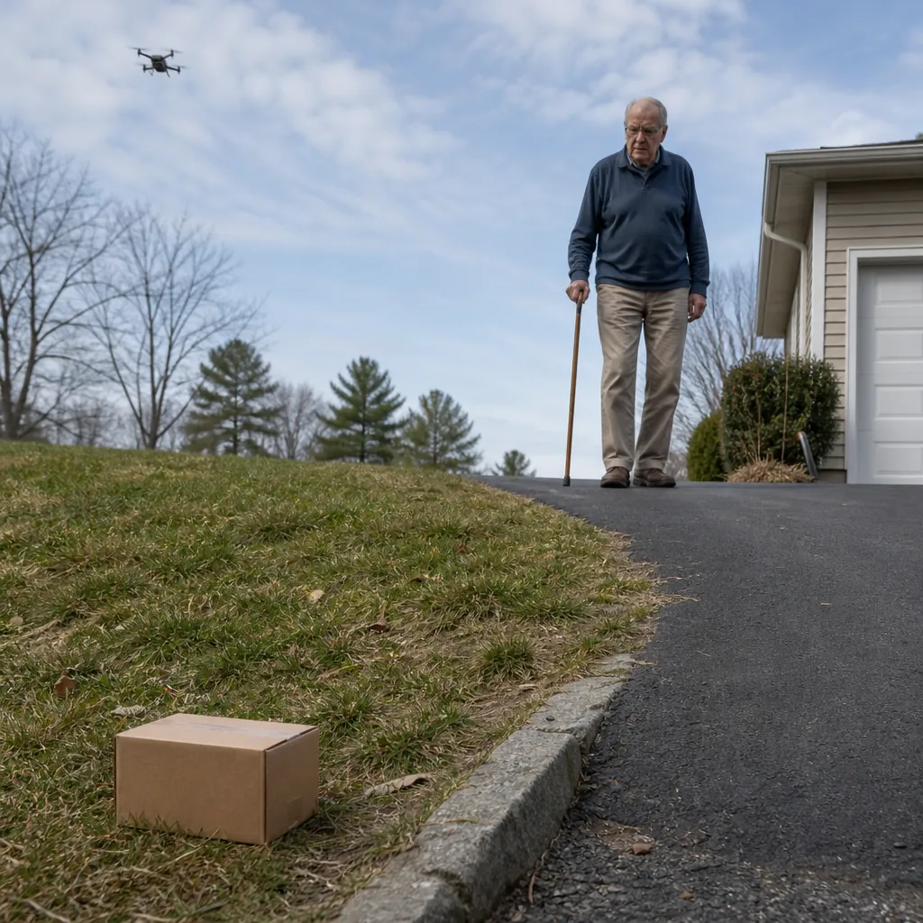 Package at the edge of a driveway near uneven grass while an older man with a cane hesitates before retrieving it