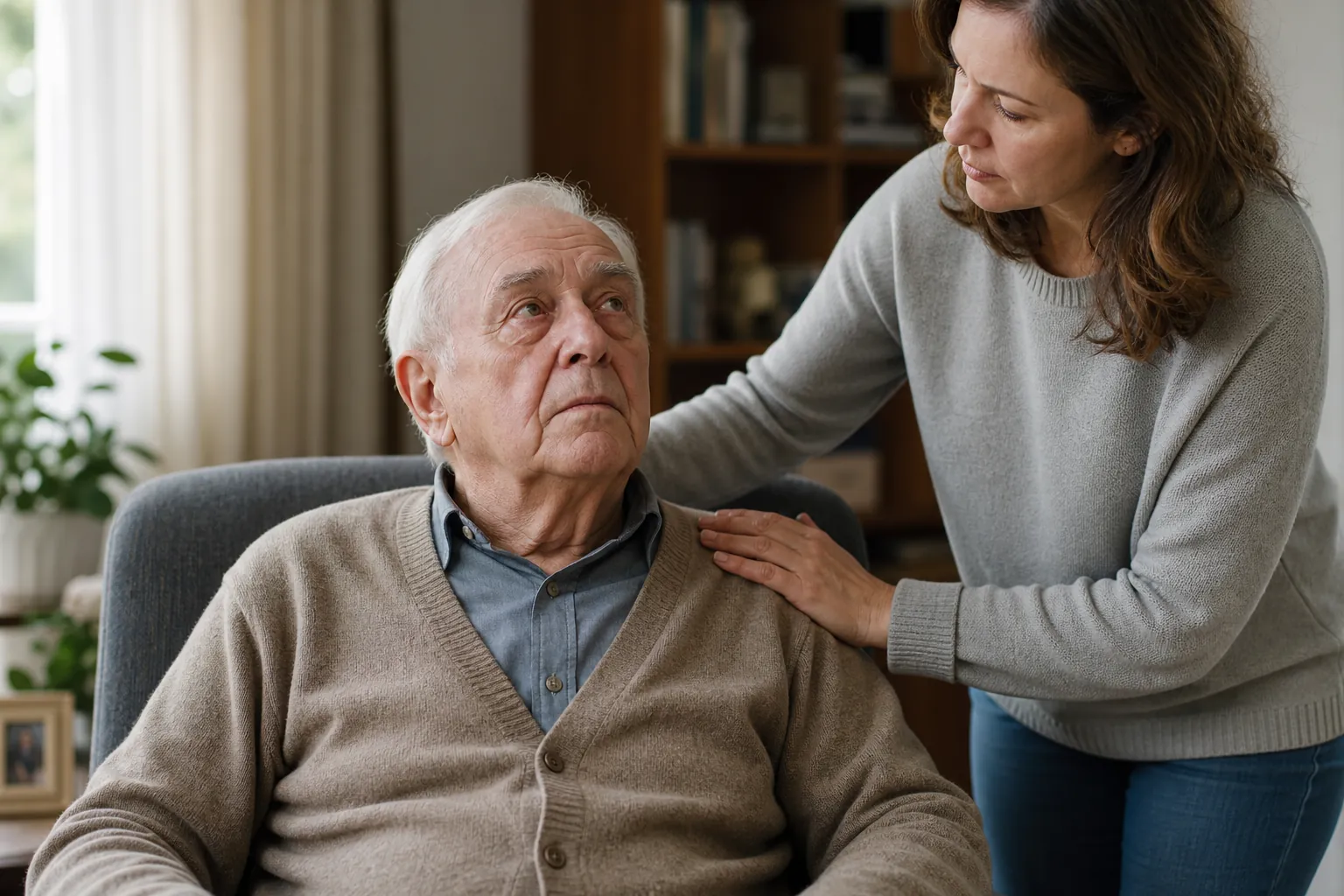 Older man with irritated eyes seated at home while an adult daughter stands beside him with concern