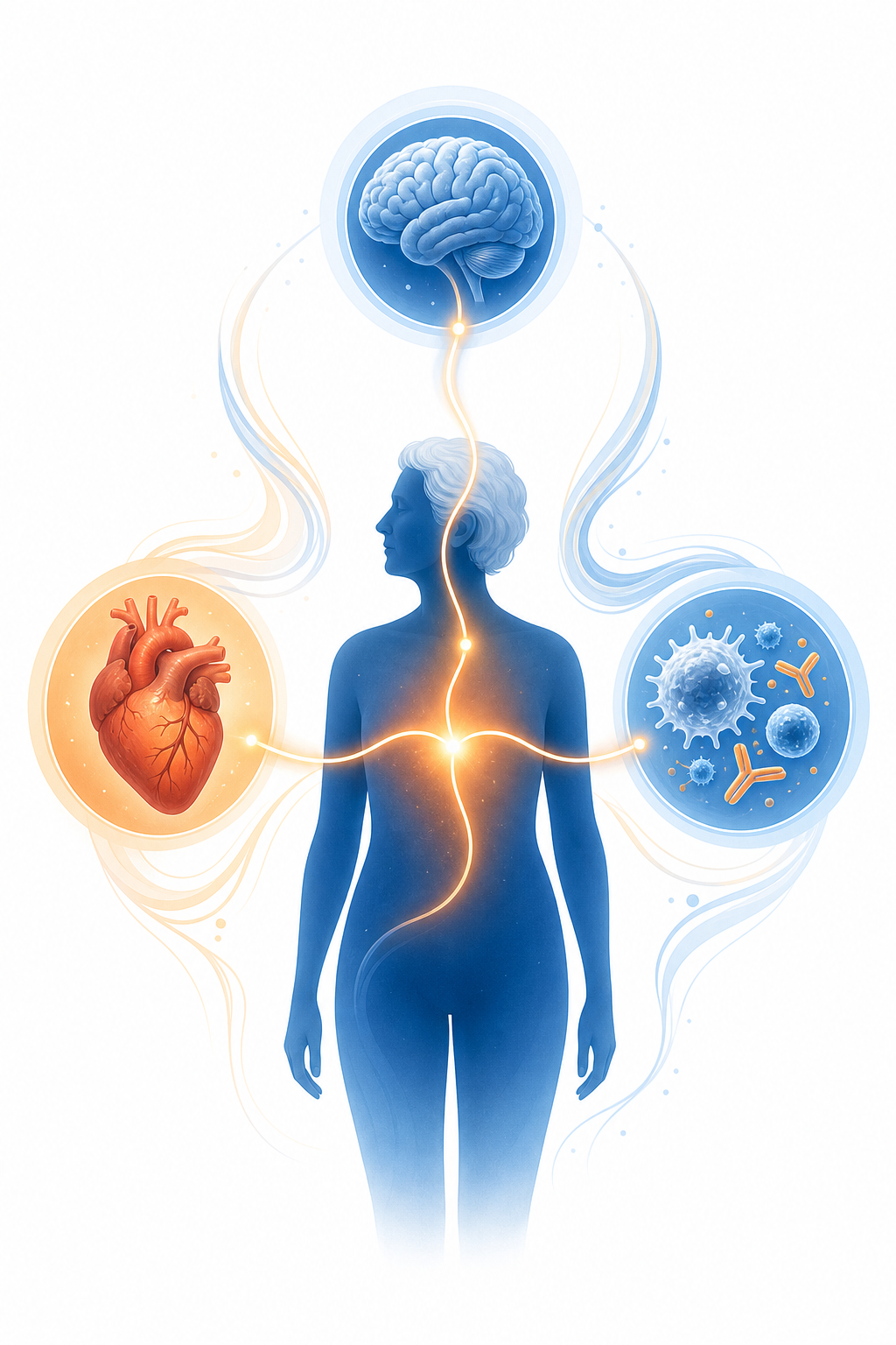 An editorial illustration showing a human silhouette in the center with soft glowing pathways connecting to icons of a brain, a heart, and immune cells, representing how social connection affects cognitive, cardiovascular, and immune health