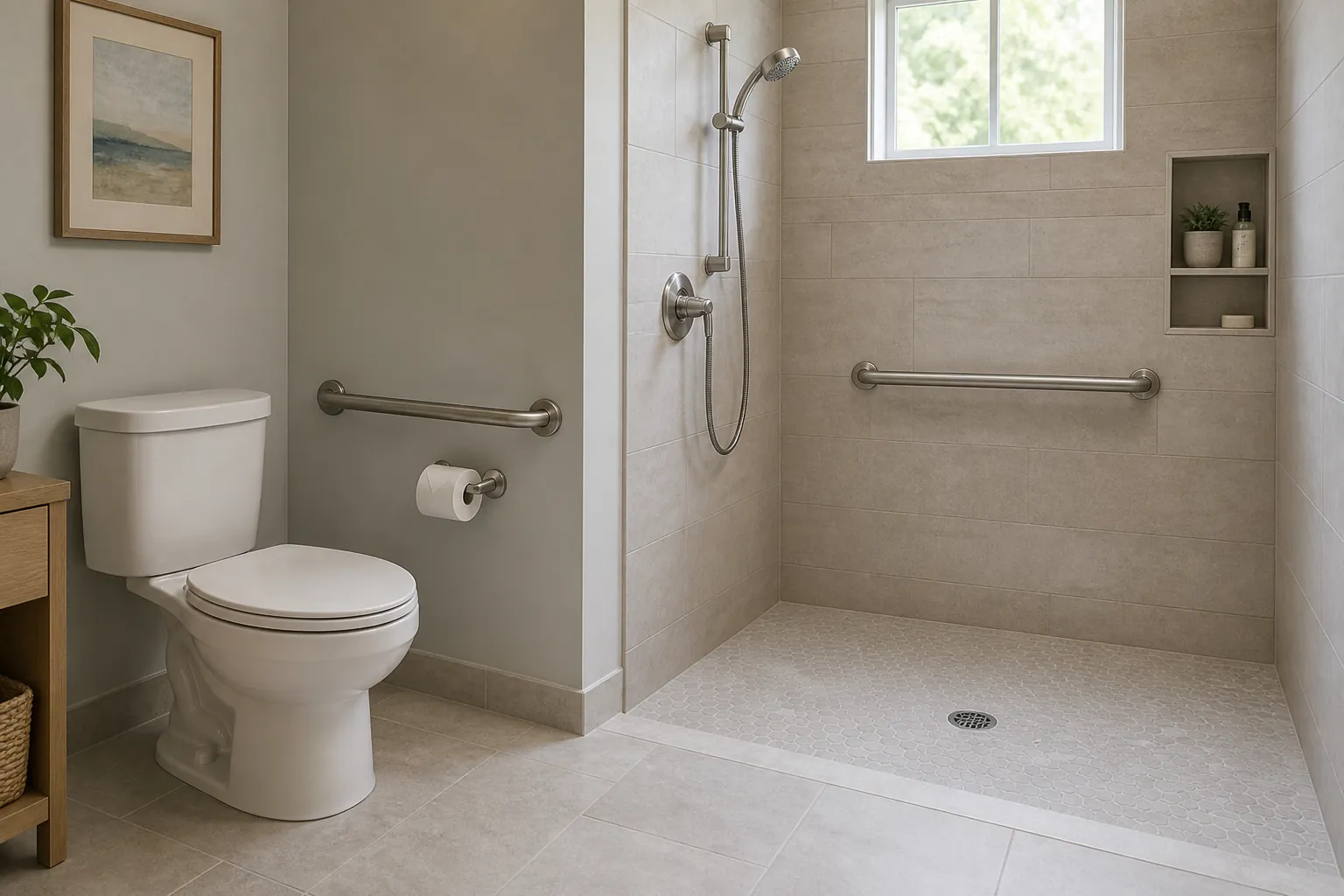Accessible bathroom with grab bars beside the toilet and inside a roll-in shower with non-slip flooring