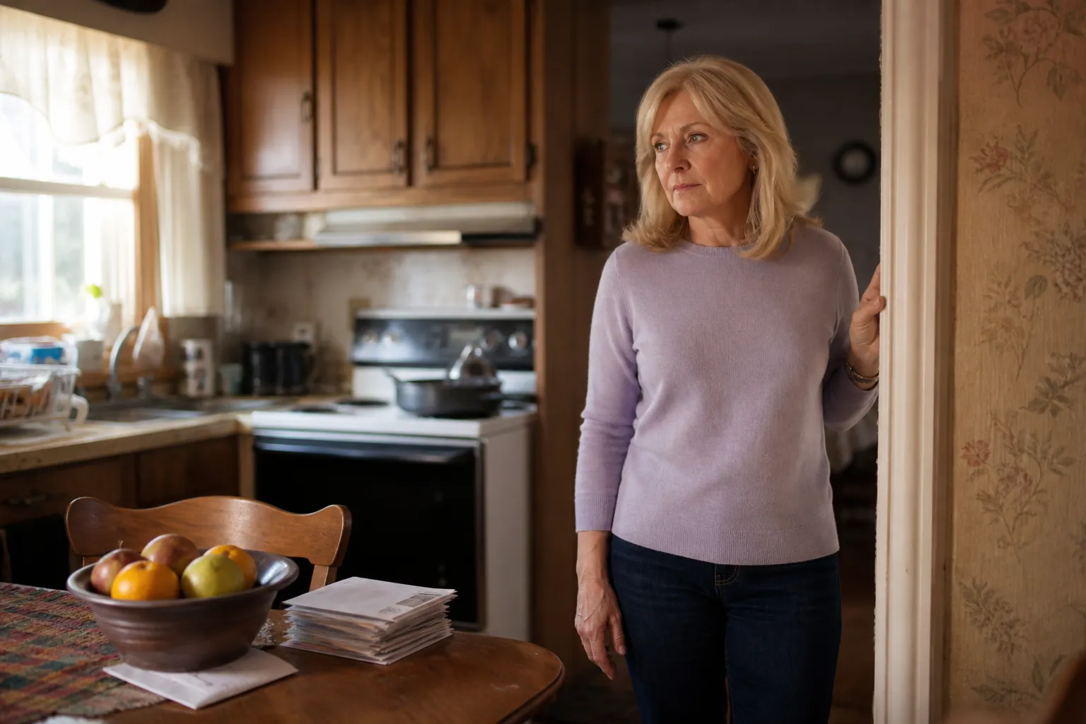 Middle-aged woman standing in the doorway of an elderly parent's kitchen, looking at mail, a fruit bowl, and a pan on the stove
