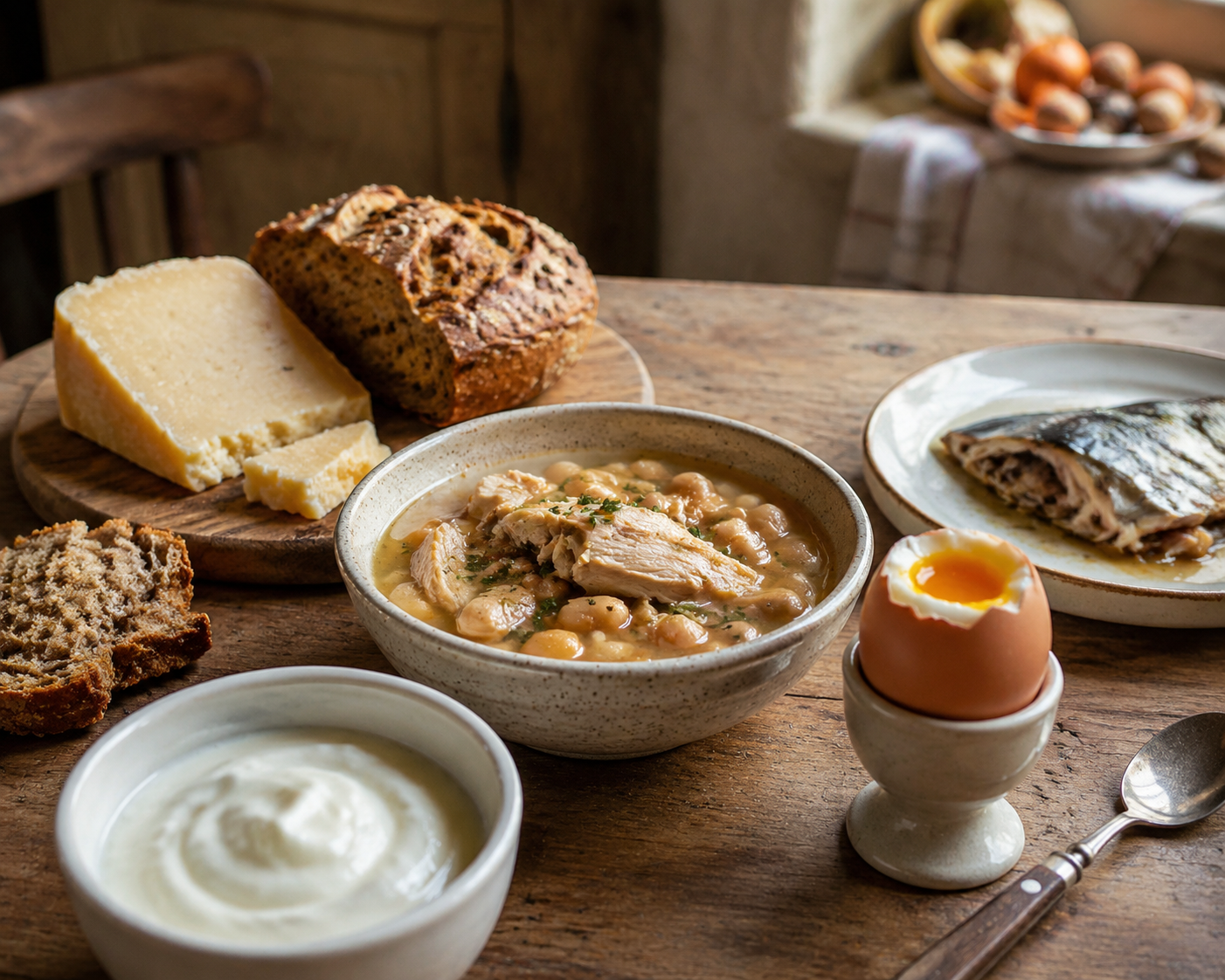 Traditional protein-rich foods including a soft-boiled egg, fish, chicken stew with beans, cheese, yogurt, and whole-grain bread