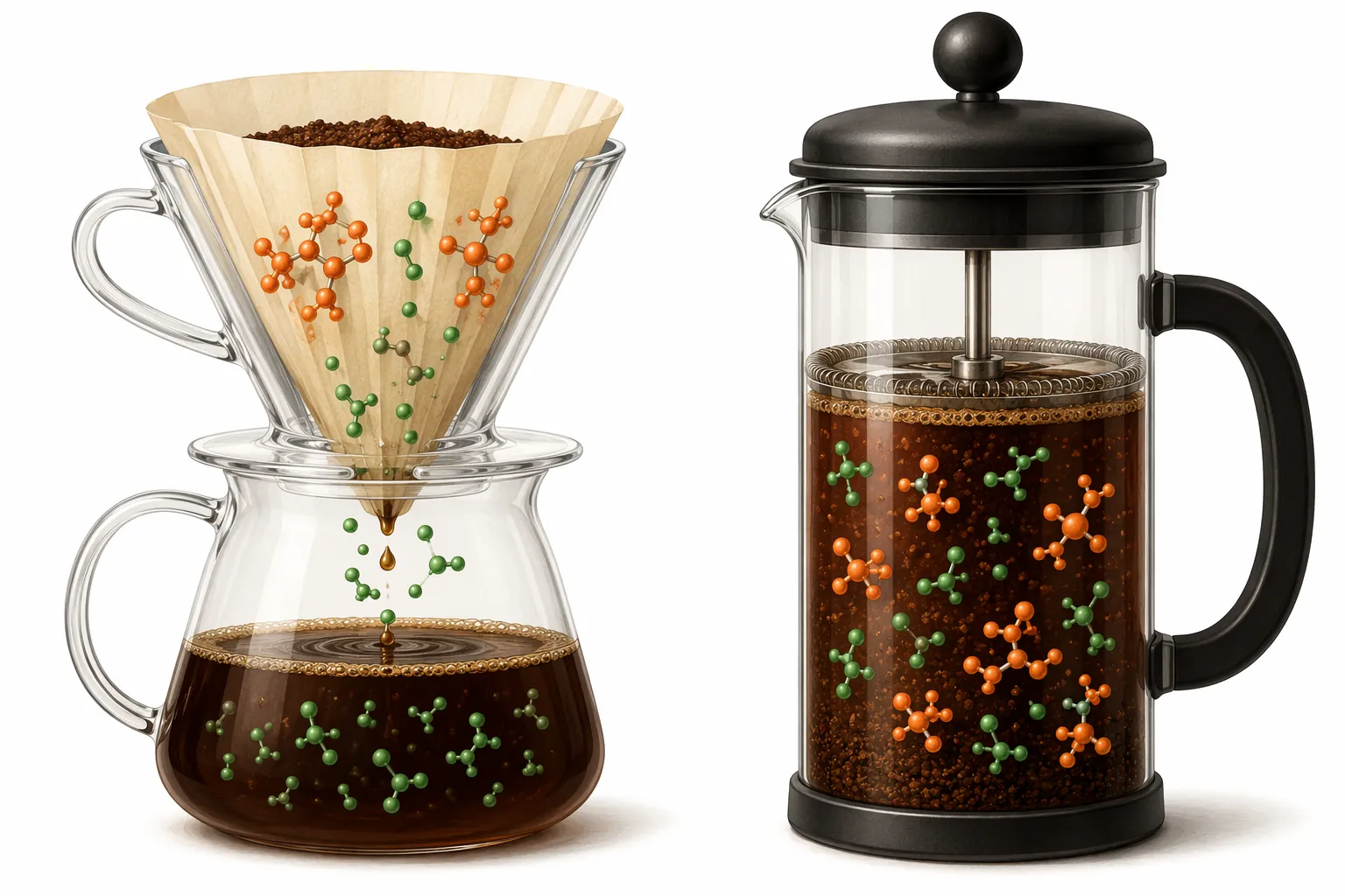 Illustration comparing paper-filtered coffee trapping diterpenes with French press coffee allowing diterpenes and polyphenols through