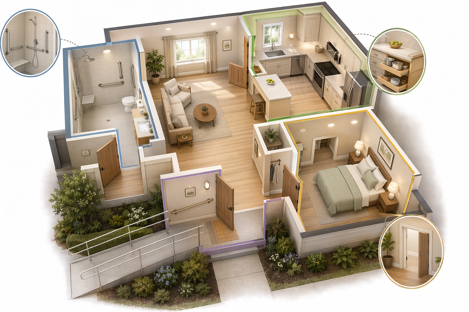 Home floorplan illustration with different rooms highlighted and labeled, showing subtle aging-in-place modifications including a walk-in shower in the bathroom, widened doorways, a kitchen with accessible counters, and an entryway ramp.
