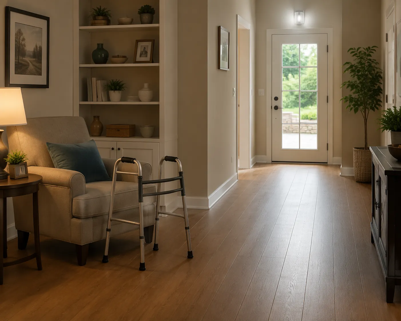 A wide, unobstructed evacuation path from a living room chair to an exit door, with a walker nearby and backup lighting near the door.