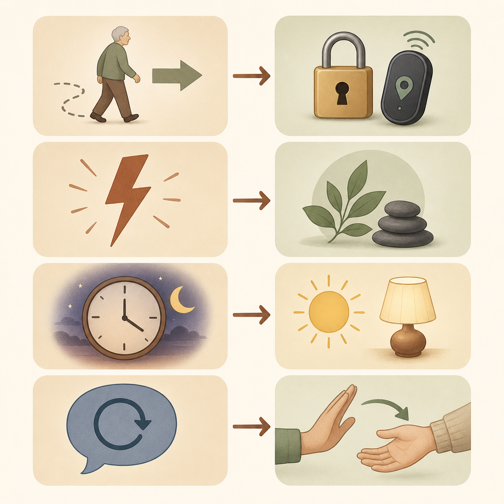 An editorial illustration showing four dementia behavior icons connected by arrows to matching caregiver response strategies: wandering to lock and GPS, agitation to calm leaf, sundowning to sun and lamp, repetitive speech to redirection hand gesture.