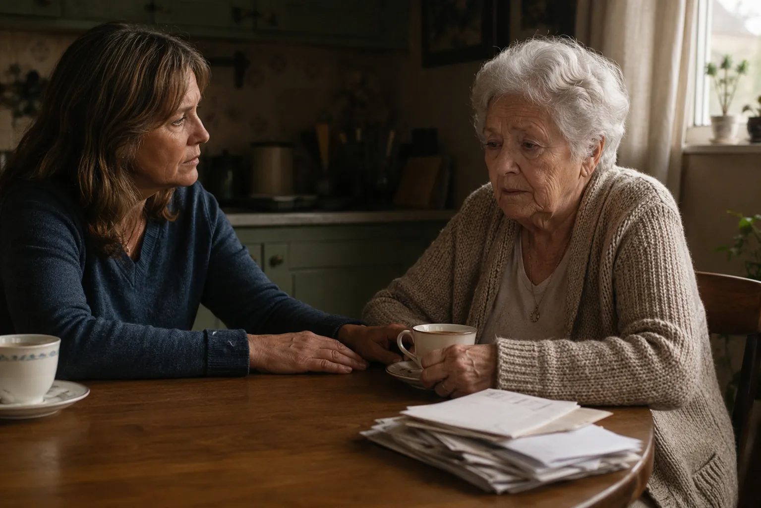 Adult daughter sitting quietly with her recently widowed mother at a kitchen table with tea and unopened envelopes