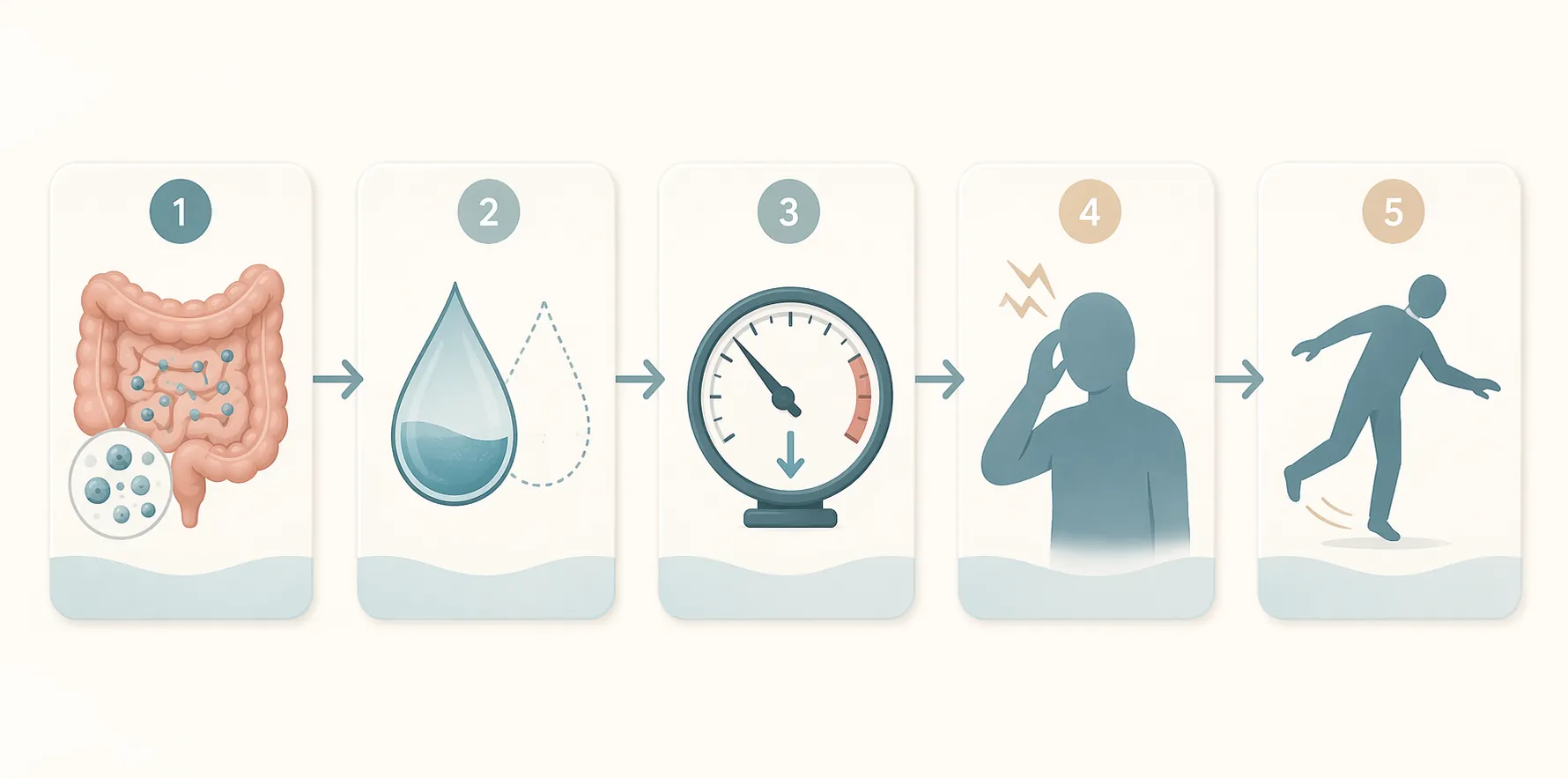 Infographic showing Cyclospora infection leading to dehydration, low blood pressure, dizziness, weakness, and fall risk