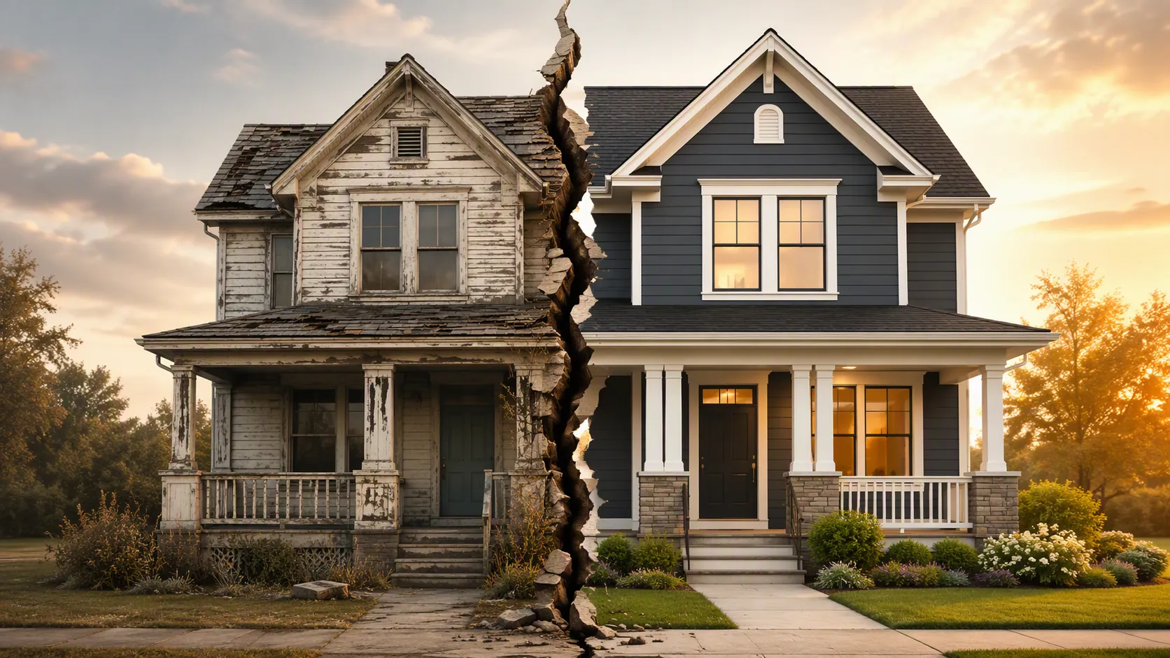 Illustration of a house split between outdated insurance coverage and current rebuild costs