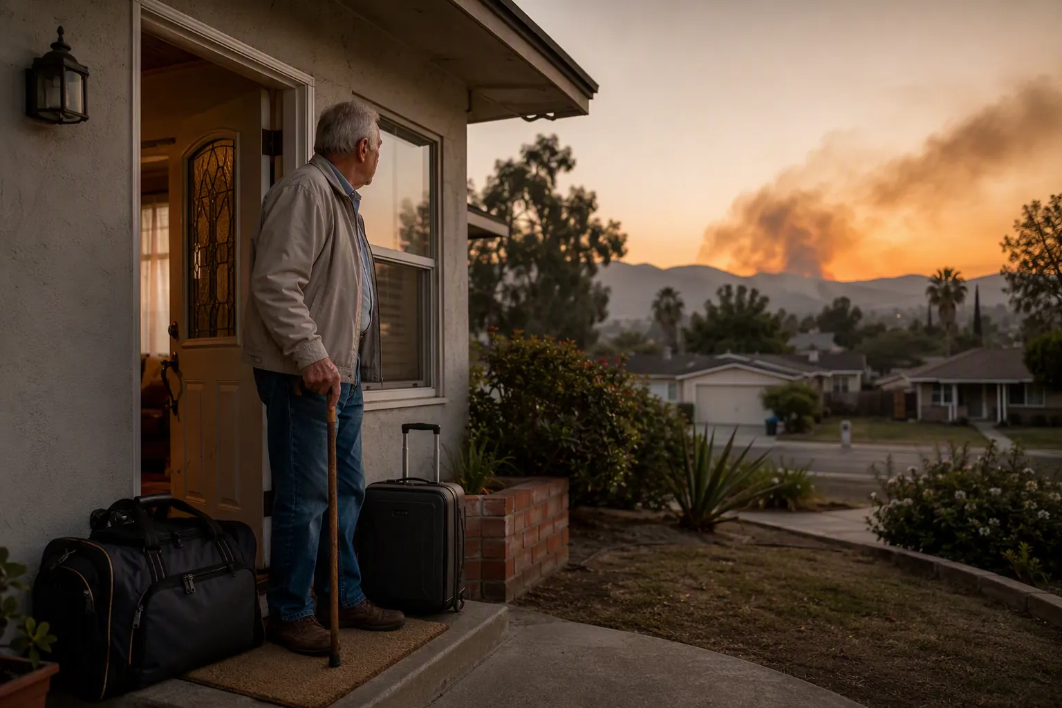 Older man with a cane standing by an open front door with packed evacuation bags and wildfire smoke in the distance