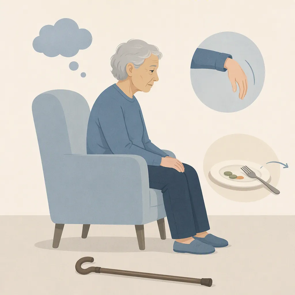 Older person shown with cues for confusion, weakness, loss of appetite, and a tipped-over cane suggesting a fall