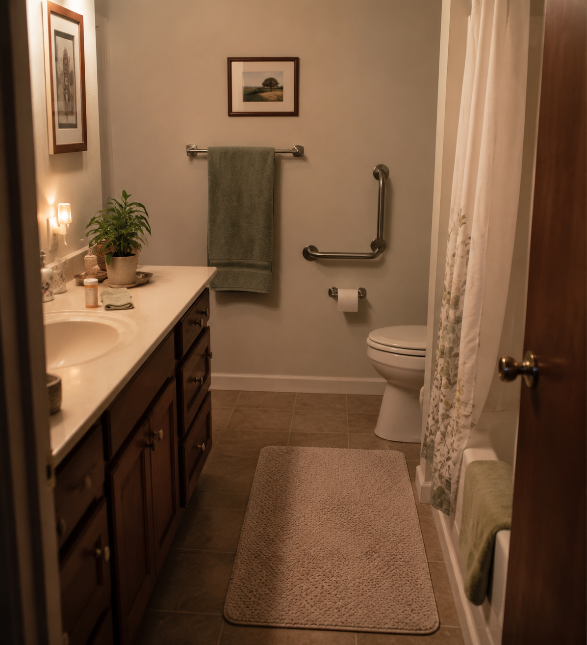 Bathroom doorway view showing a bathmat, towel bar, grab bar, nightlight, and medication on the counter