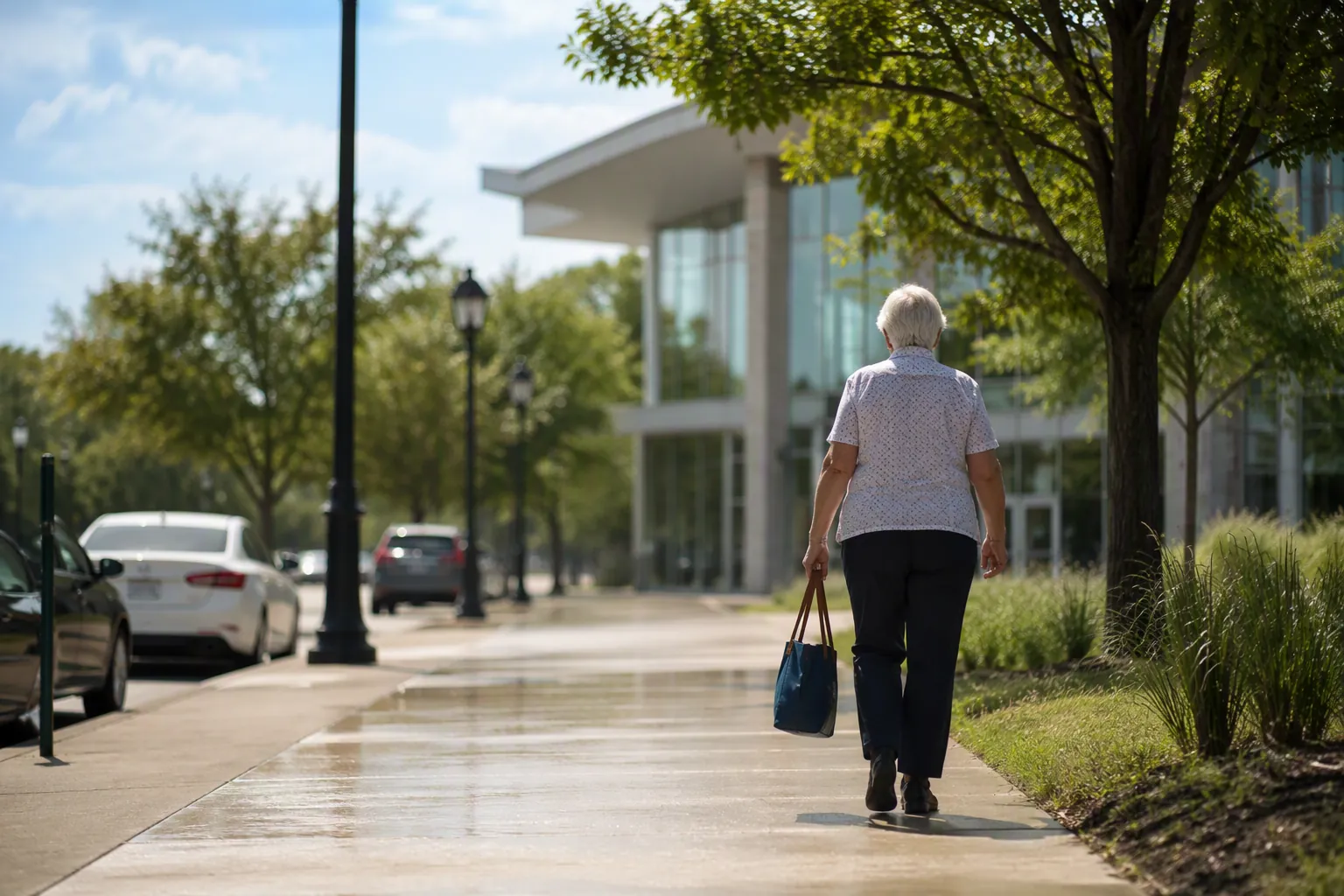 Older adult walking toward a civic building serving as a cooling center on a hot day