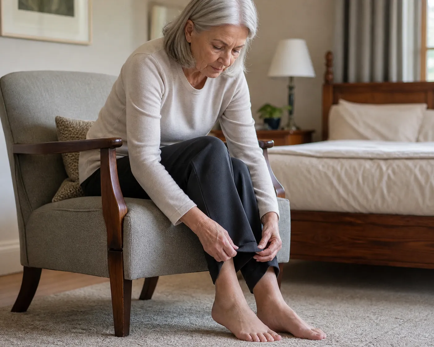 Older woman seated on a sturdy armchair pulling tailored trousers on one leg at a time