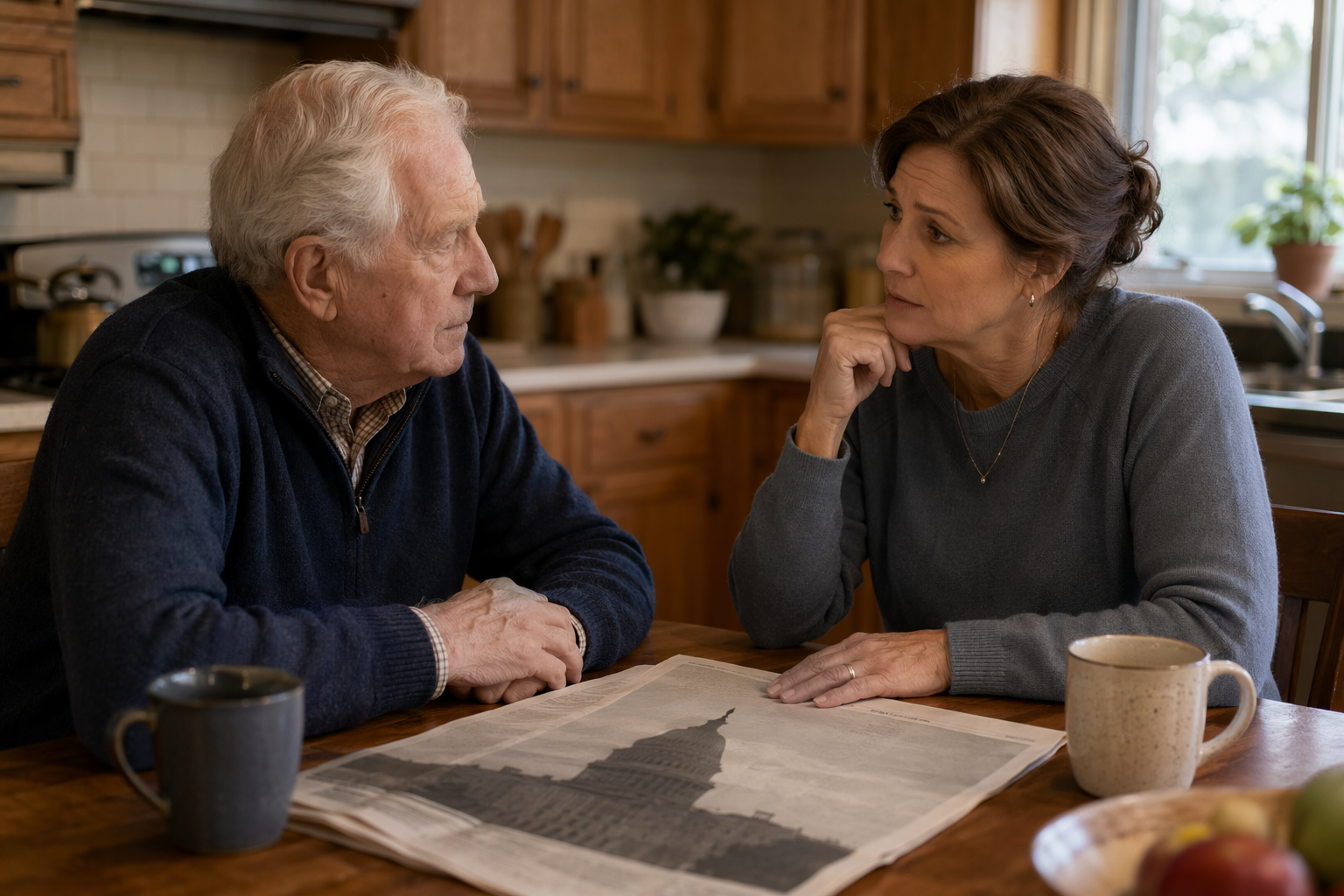 Adult daughter and elderly father at a kitchen table with a newspaper showing the U.S. Capitol