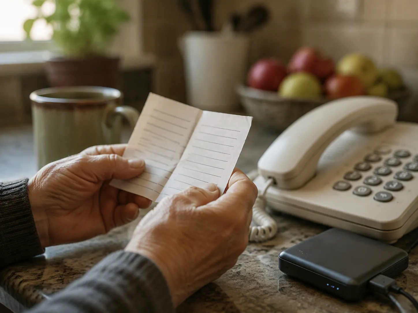 Older person's hands holding a folded paper contact list beside a landline phone and portable battery charger