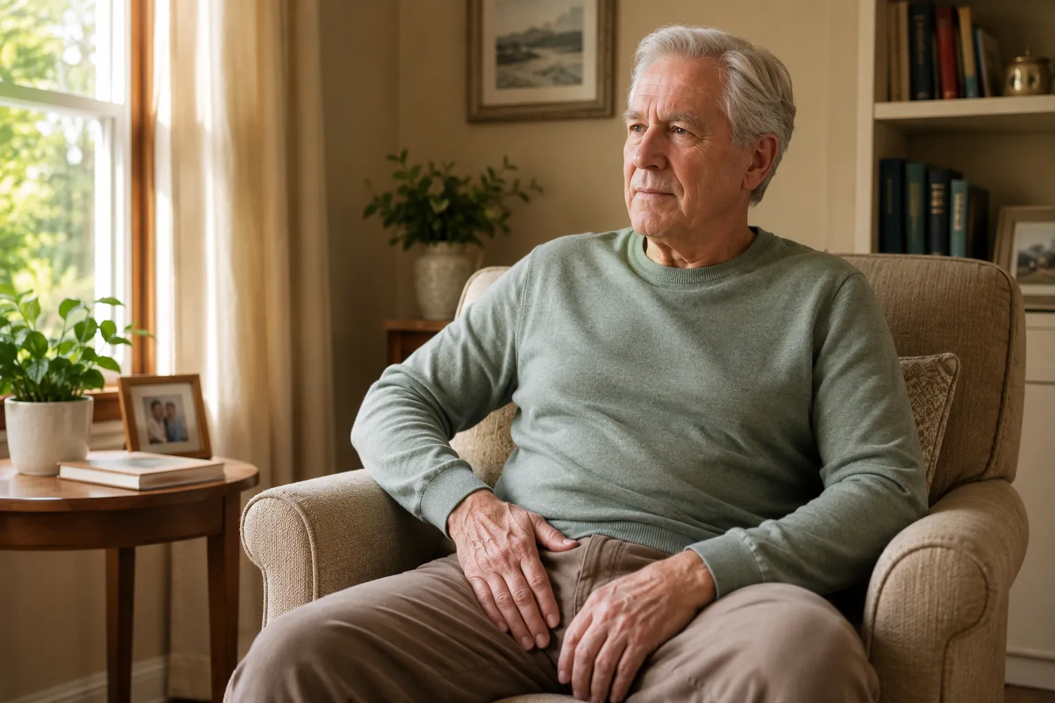 Older adult seated in a living room with one hand resting on the upper thigh